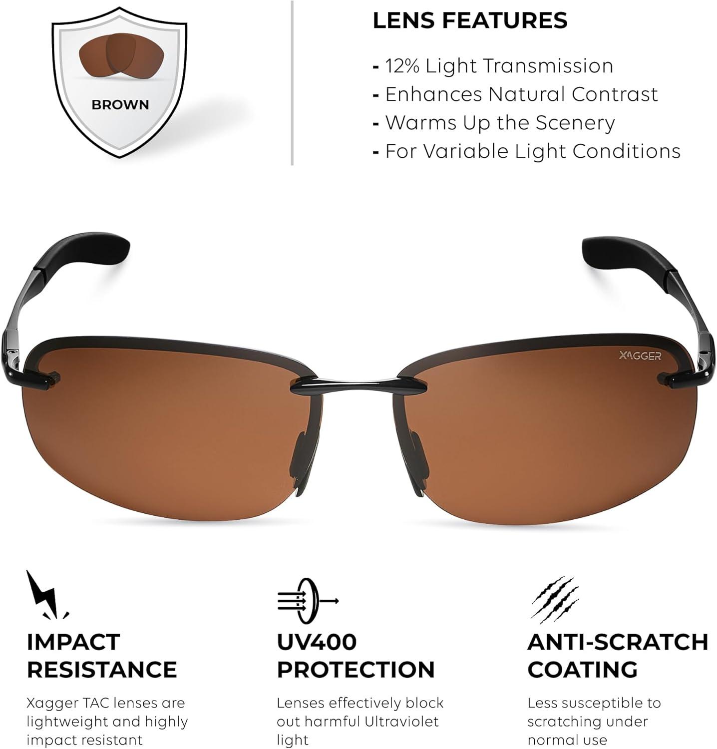 imageXagger Polarized Driving Sunglasses for Men Rimless Metal Frame UV400 Protection Sun GlassesBlack  Brown