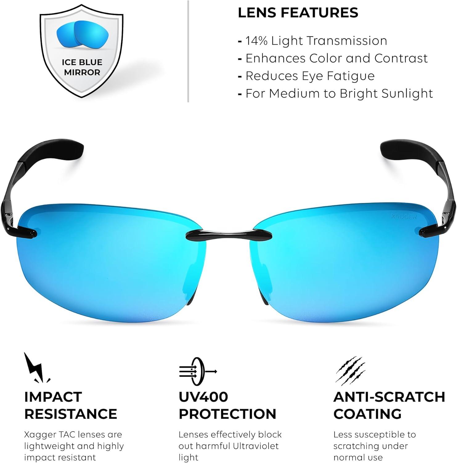 imageXagger Polarized Driving Sunglasses for Men Rimless Metal Frame UV400 Protection Sun GlassesBlack  Ice Blue Mirror