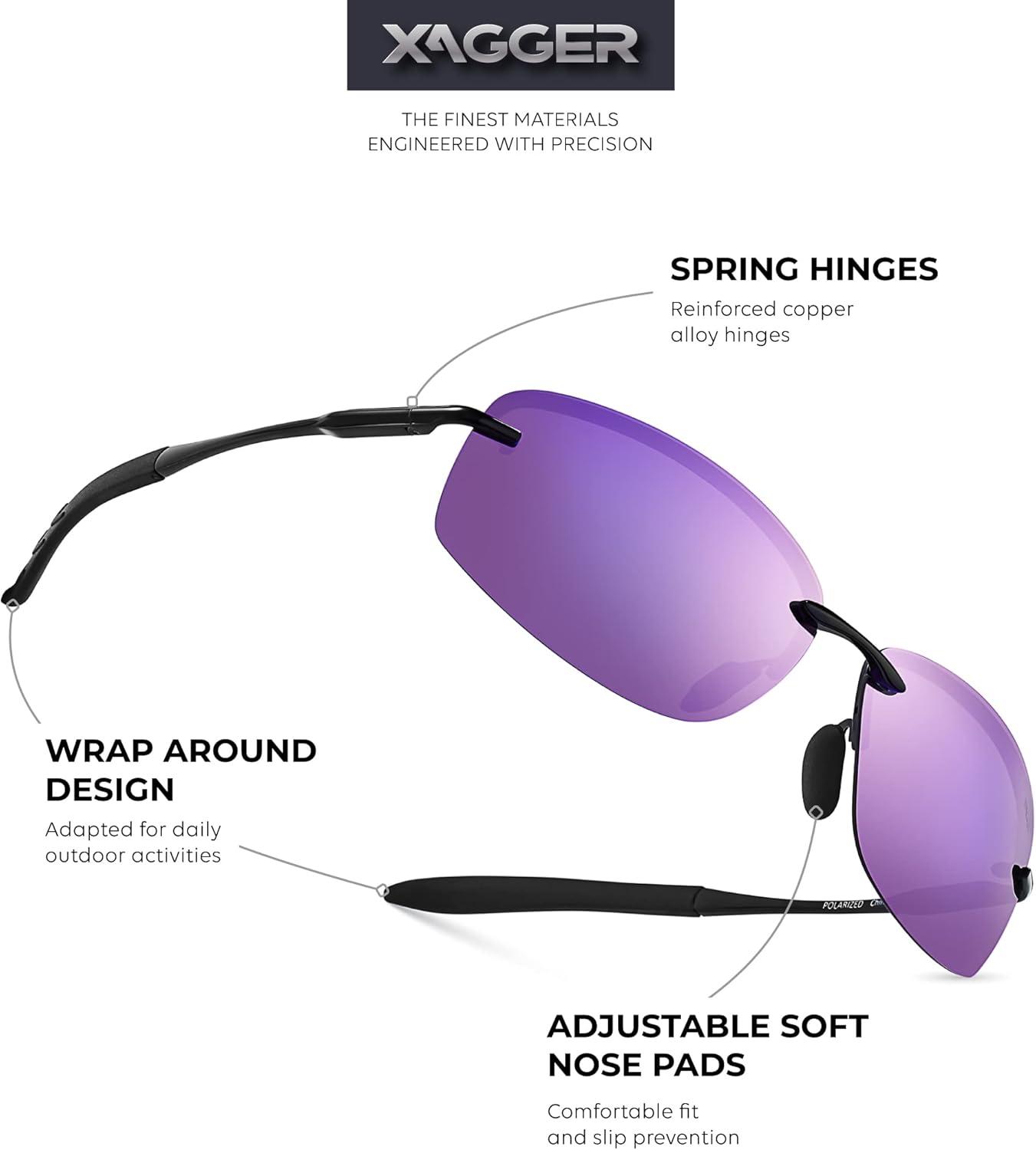 imageXagger Polarized Driving Sunglasses for Men Rimless Metal Frame UV400 Protection Sun GlassesBlack  Purple Mirror