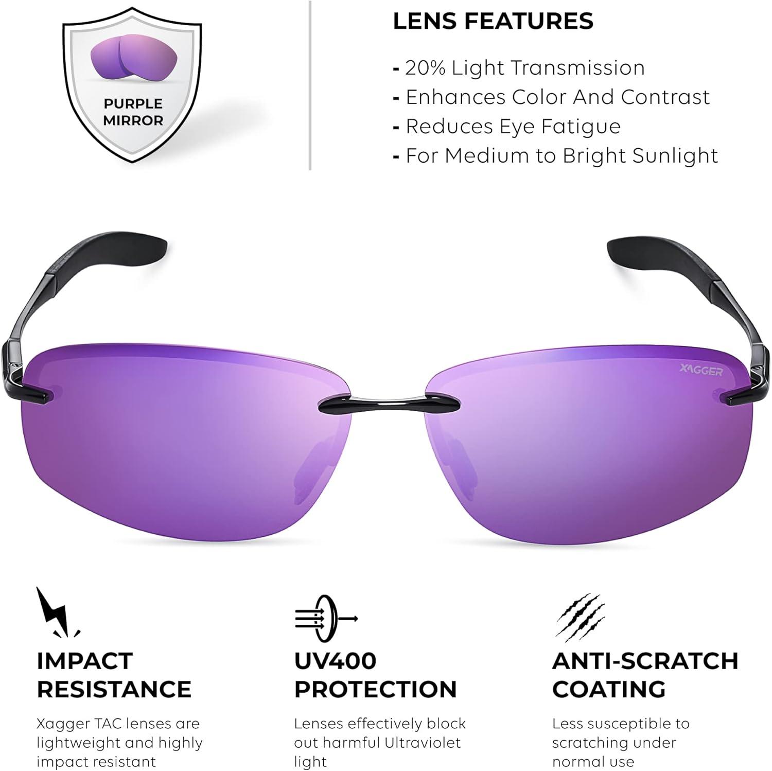 imageXagger Polarized Driving Sunglasses for Men Rimless Metal Frame UV400 Protection Sun GlassesBlack  Purple Mirror
