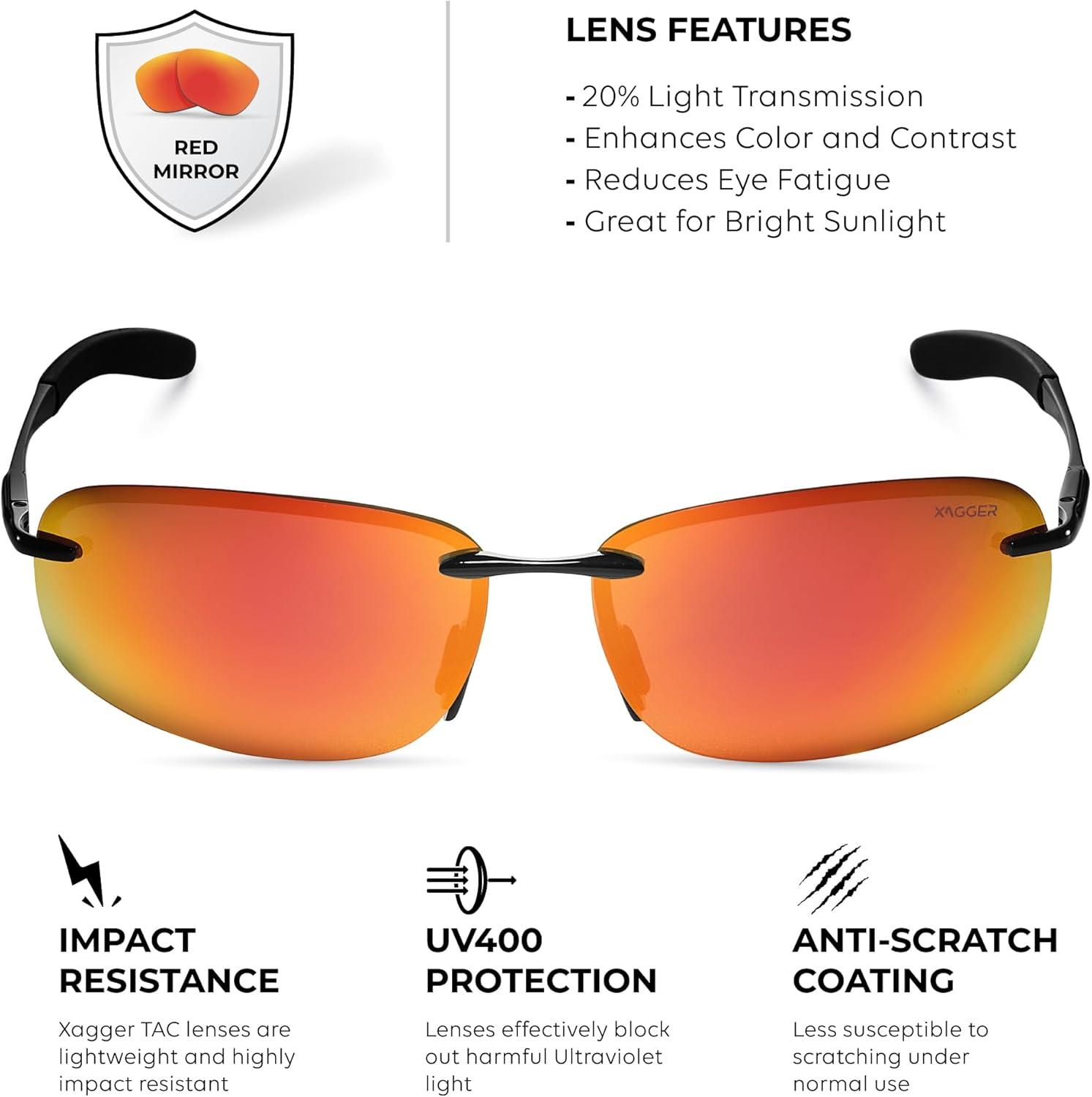 imageXagger Polarized Driving Sunglasses for Men Rimless Metal Frame UV400 Protection Sun GlassesBlack  Red Mirror