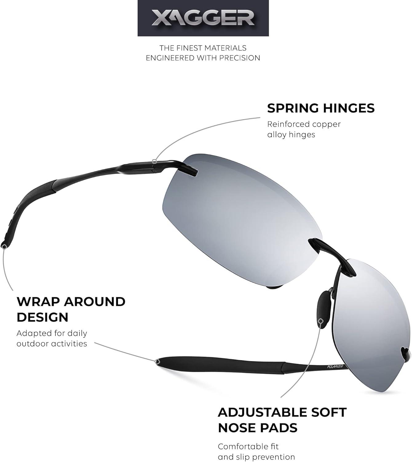imageXagger Polarized Driving Sunglasses for Men Rimless Metal Frame UV400 Protection Sun GlassesBlack  Silver Mirror