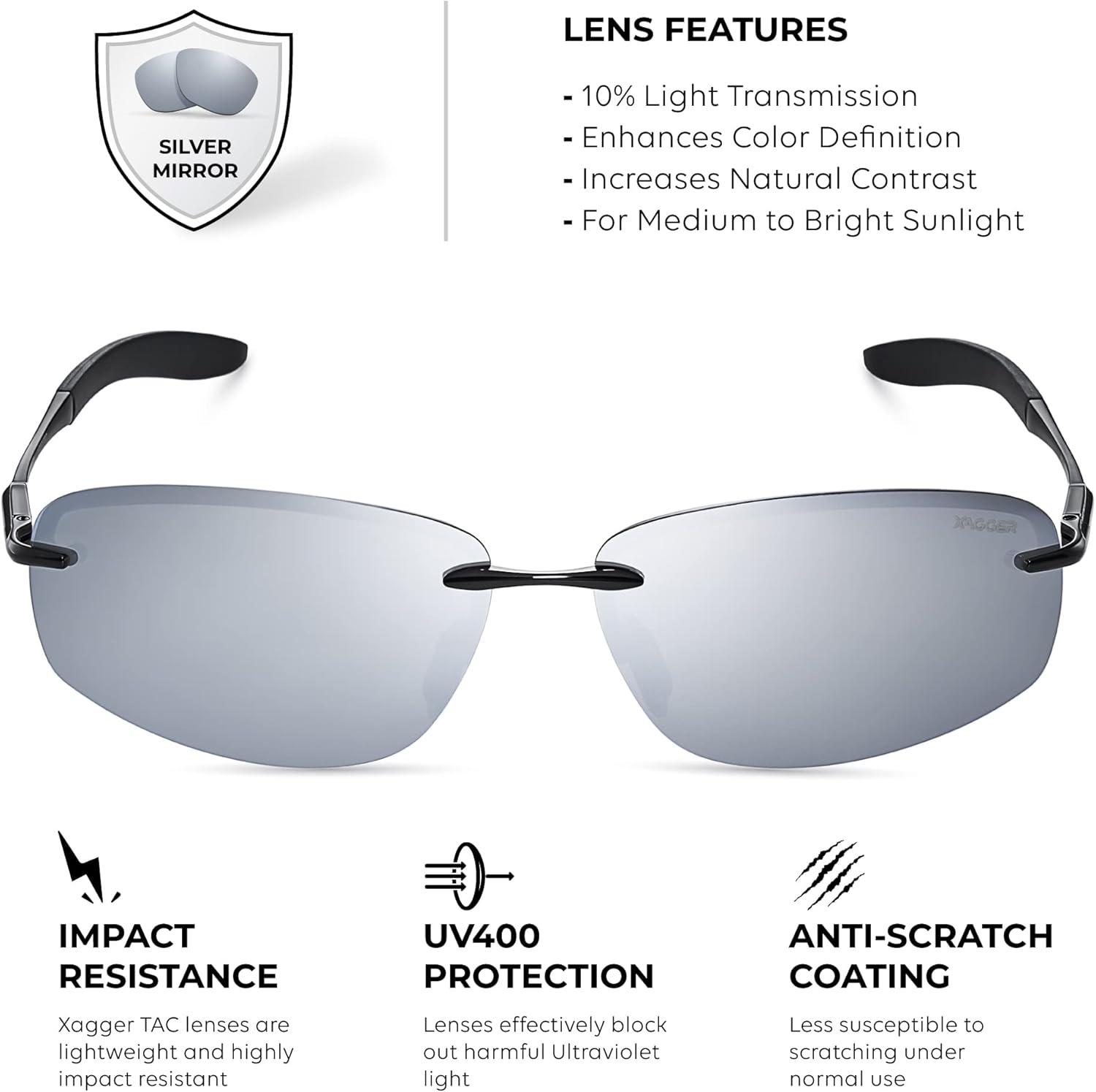 imageXagger Polarized Driving Sunglasses for Men Rimless Metal Frame UV400 Protection Sun GlassesBlack  Silver Mirror