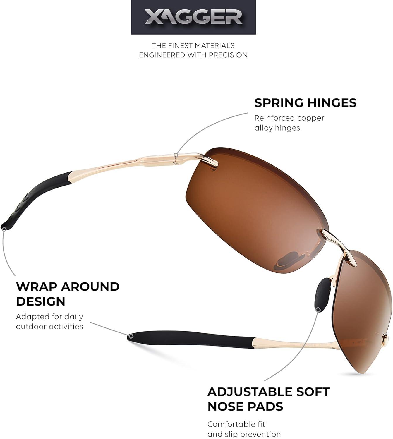 imageXagger Polarized Driving Sunglasses for Men Rimless Metal Frame UV400 Protection Sun GlassesGold  Brown