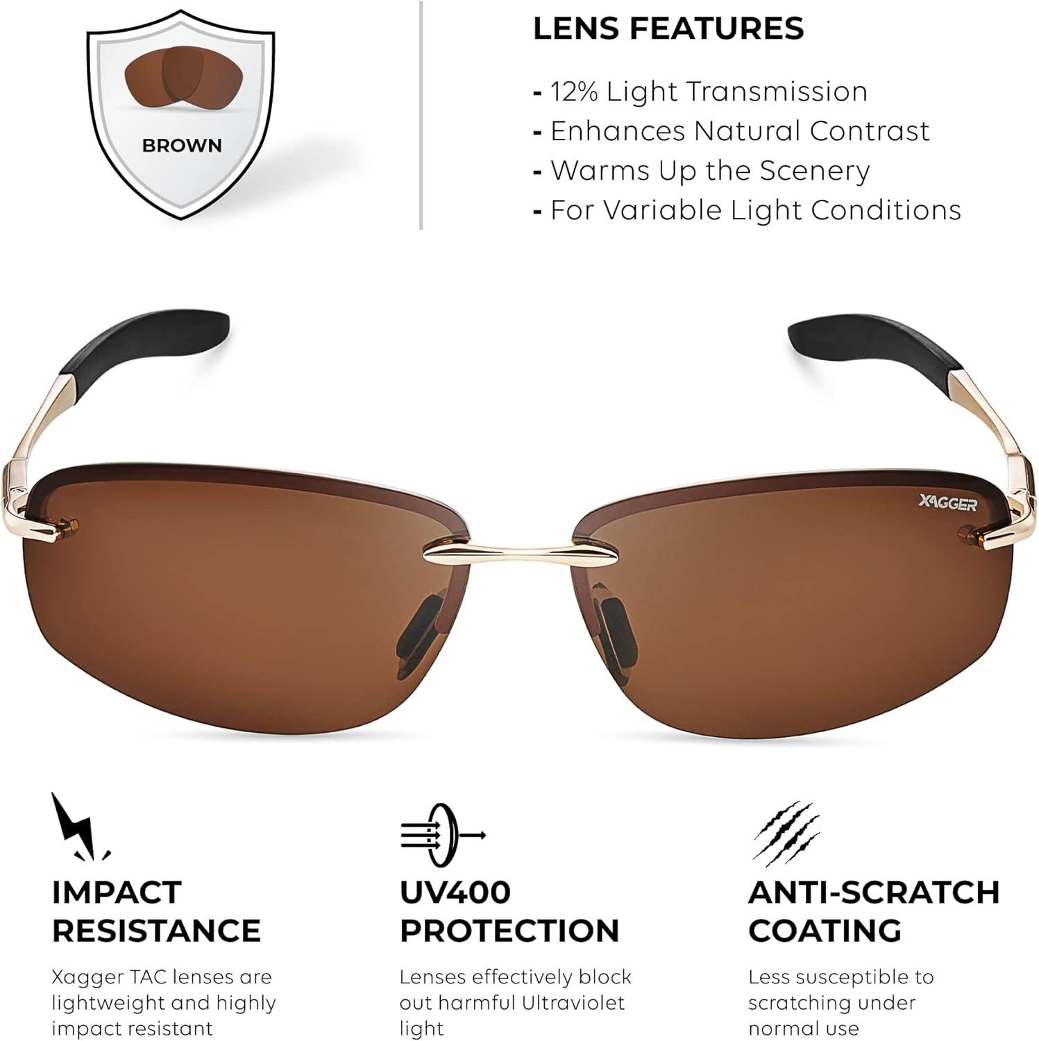 imageXagger Polarized Driving Sunglasses for Men Rimless Metal Frame UV400 Protection Sun GlassesGold  Brown