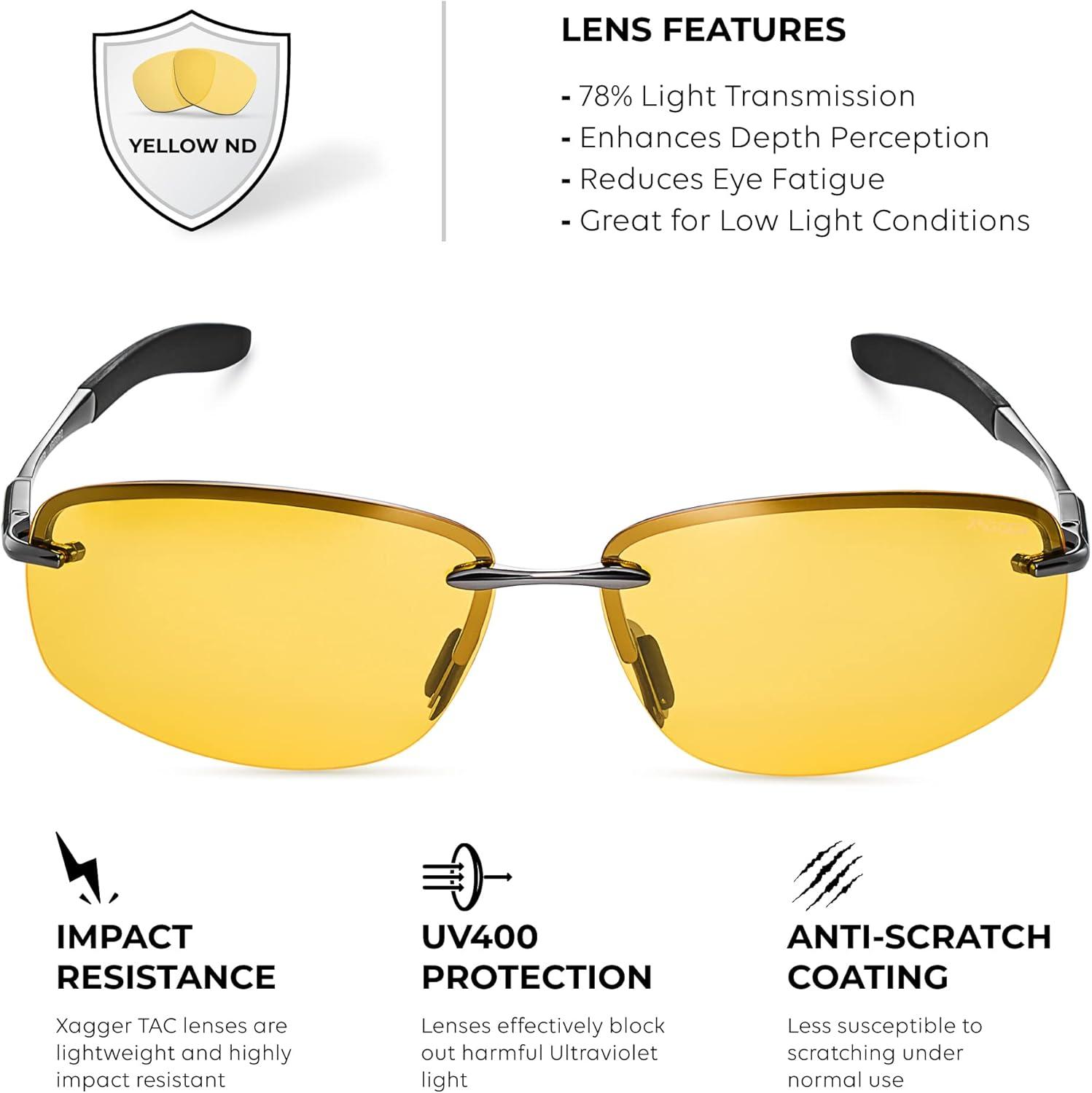 imageXagger Polarized Driving Sunglasses for Men Rimless Metal Frame UV400 Protection Sun GlassesGunmetal  Yellow Night Driving