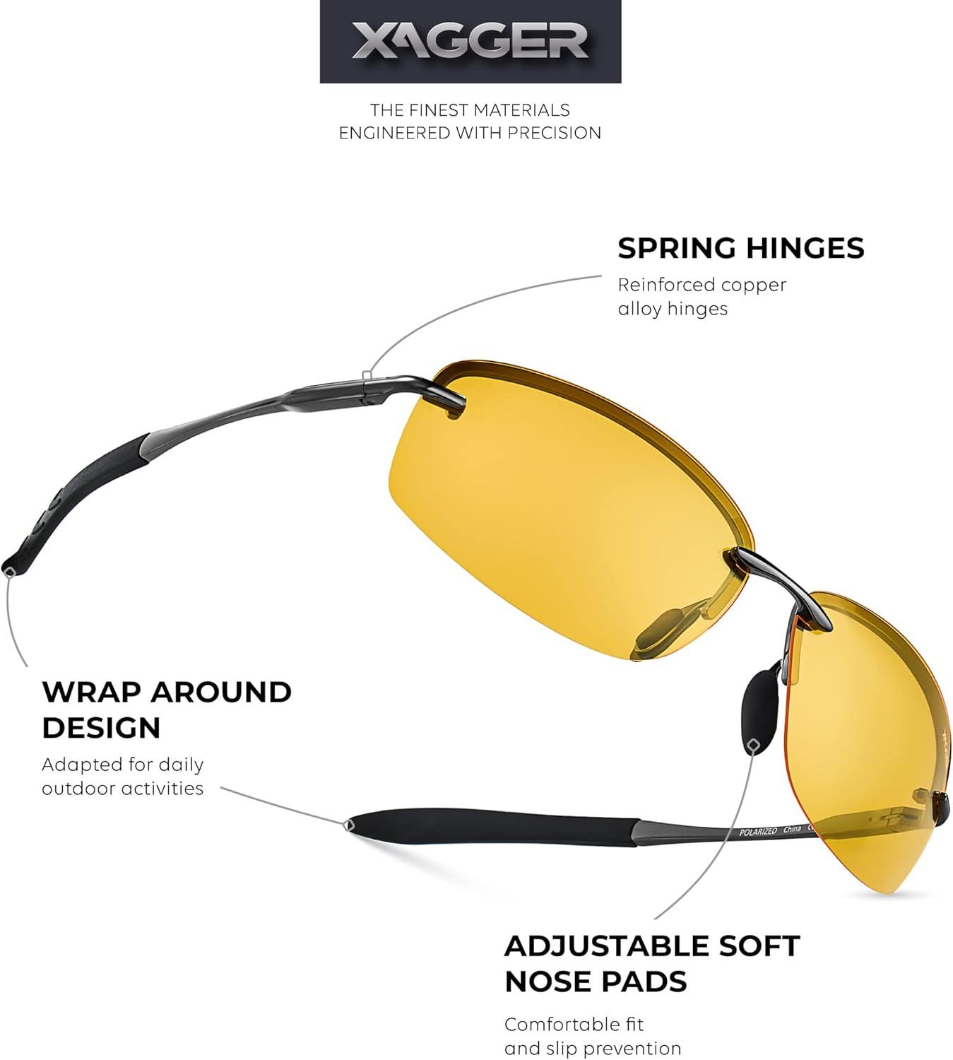 imageXagger Polarized Driving Sunglasses for Men Rimless Metal Frame UV400 Protection Sun GlassesGunmetal  Yellow Night Driving