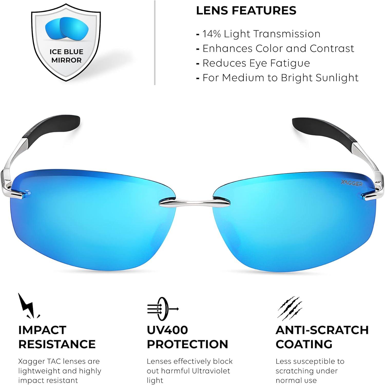imageXagger Polarized Driving Sunglasses for Men Rimless Metal Frame UV400 Protection Sun GlassesSilver  Ice Blue Mirror