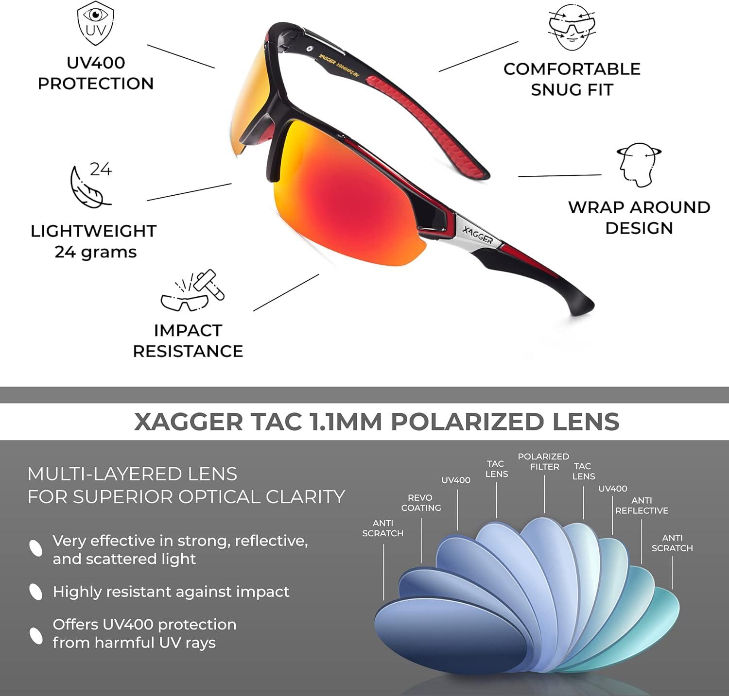 imageXagger Polarized Sport Sunglasses for Men Women Wrap Around UV400 Running Baseball Softball Fishing Driving GlassesBlack  Red Mirror