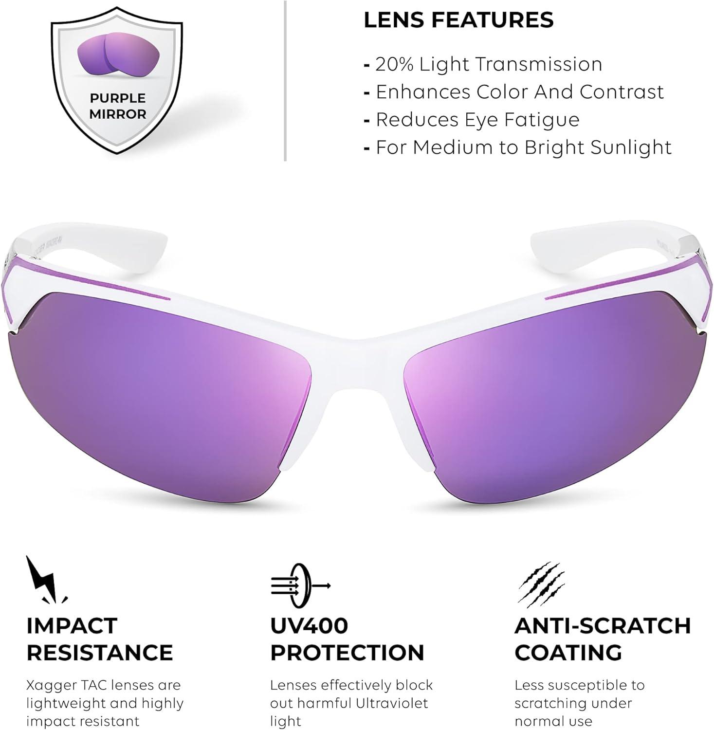 imageXagger Polarized Sport Sunglasses for Men Women Wrap Around UV400 Running Baseball Softball Fishing Driving GlassesWhite  Purple Mirror
