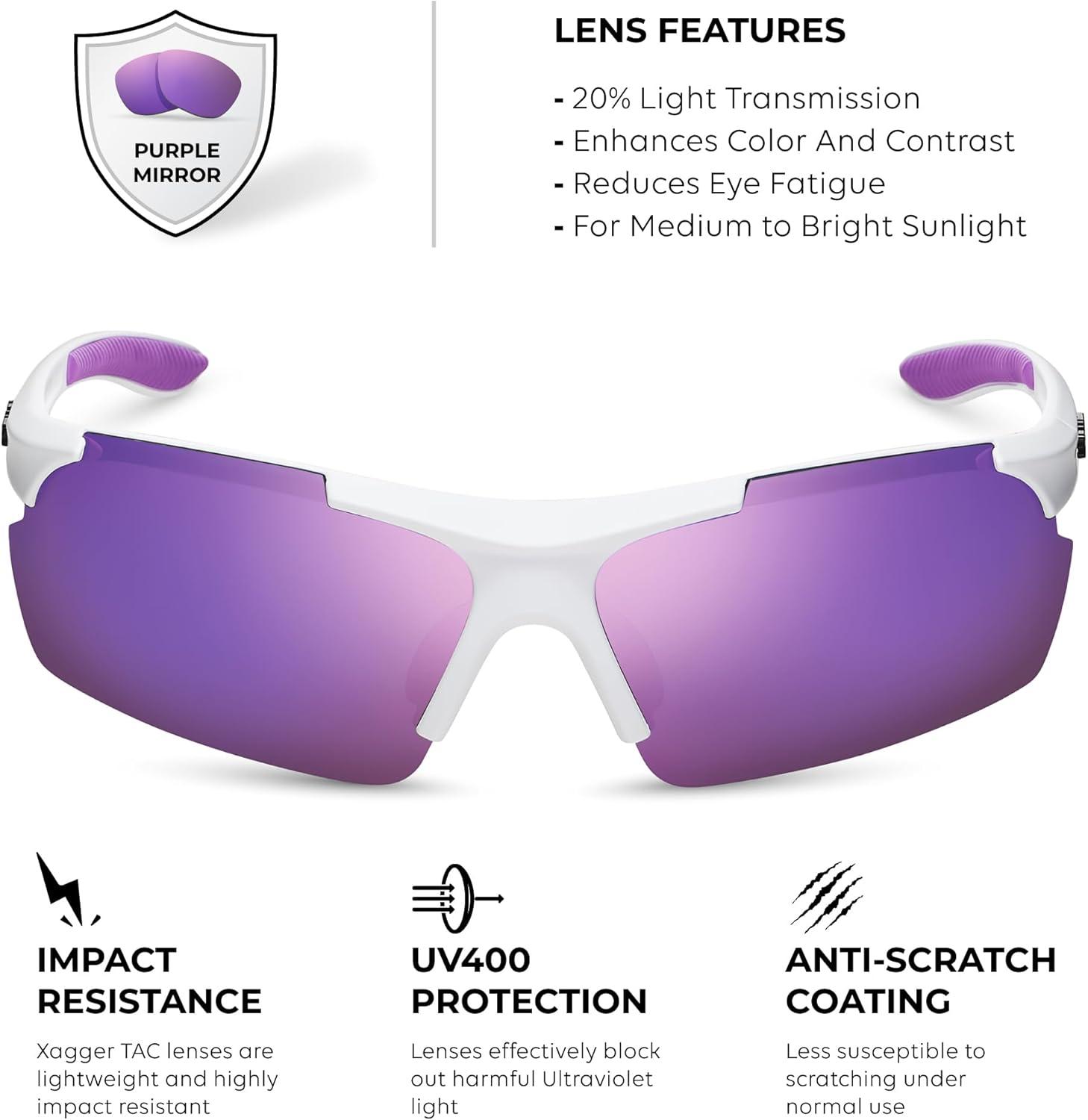imageXagger Polarized Sports Sunglasses for Men Women Wrap Around UV400 Running Baseball Softball Cycling Driving GlassesMatte White  Purple Mirror