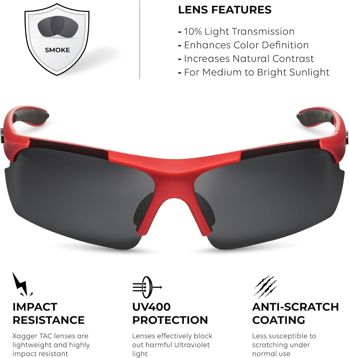 imageXagger Polarized Sports Sunglasses for Men Women Wrap Around UV400 Running Baseball Softball Cycling Driving GlassesRubberized Red  Smoke