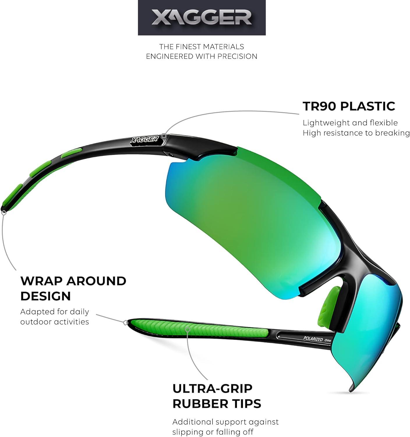 imageXagger Polarized Sports Sunglasses for Men Women Wrap Around UV400 Running Baseball Softball Cycling Driving GlassesShiny Black  Green Mirror