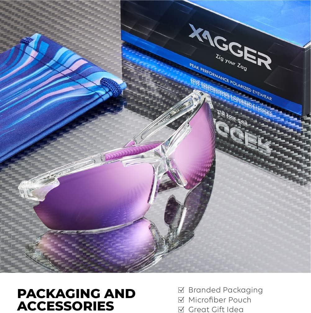 imageXagger Polarized Sports Sunglasses for Men Women Wrap Around UV400 Running Baseball Softball Cycling Driving GlassesTransparent Clear  Purple Mirror