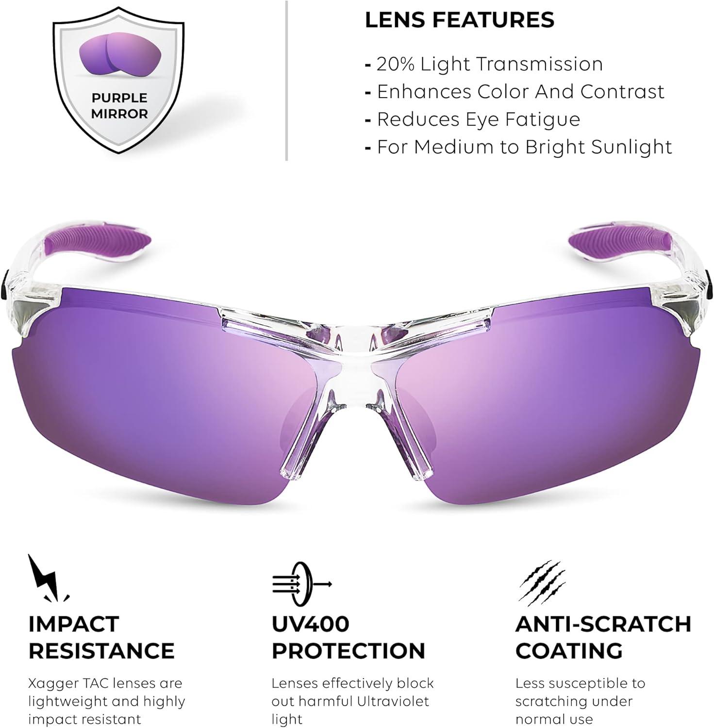 imageXagger Polarized Sports Sunglasses for Men Women Wrap Around UV400 Running Baseball Softball Cycling Driving GlassesTransparent Clear  Purple Mirror