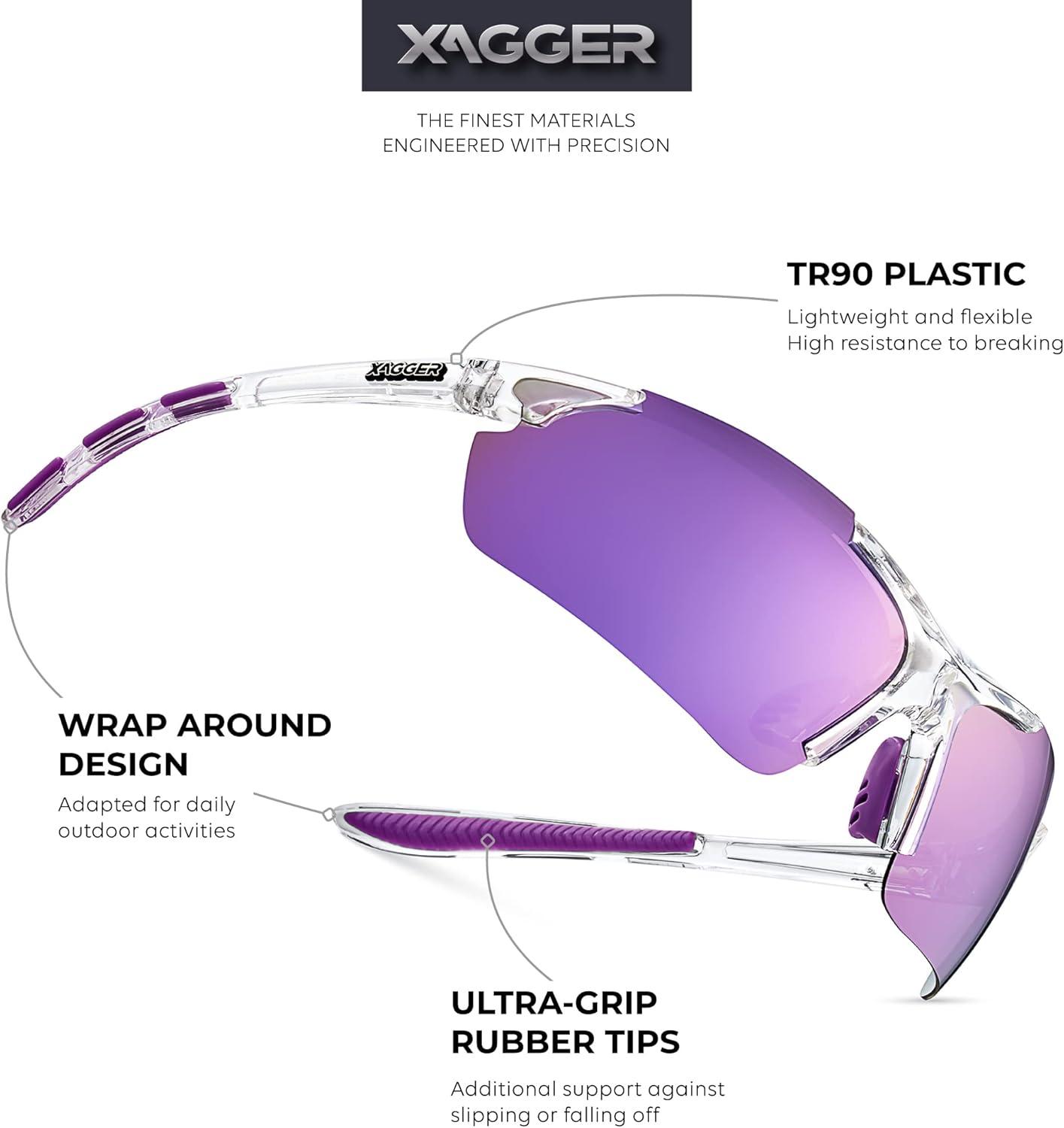 imageXagger Polarized Sports Sunglasses for Men Women Wrap Around UV400 Running Baseball Softball Cycling Driving GlassesTransparent Clear  Purple Mirror