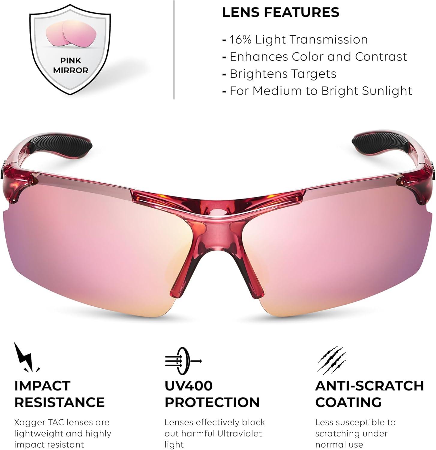 imageXagger Polarized Sports Sunglasses for Men Women Wrap Around UV400 Running Baseball Softball Cycling Driving GlassesTransparent Hot Pink Pink Mirror