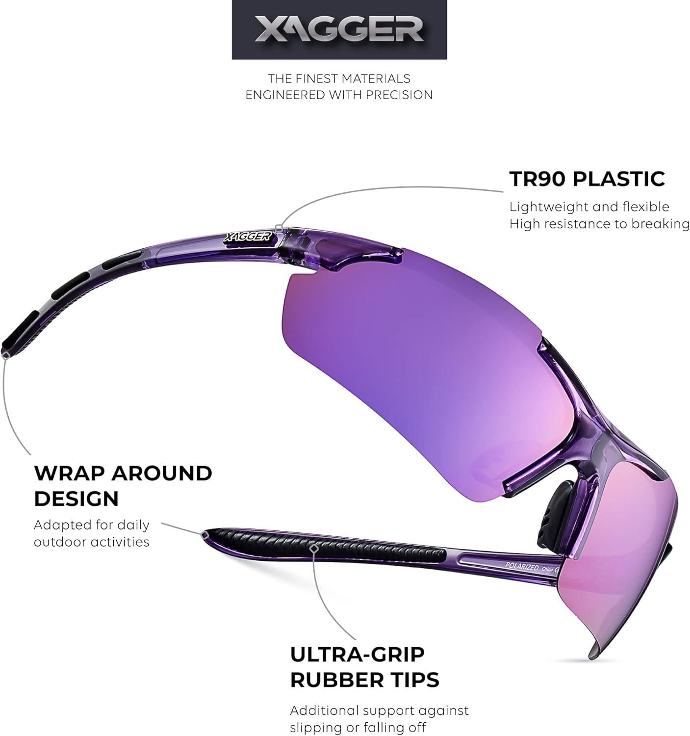 imageXagger Polarized Sports Sunglasses for Men Women Wrap Around UV400 Running Baseball Softball Cycling Driving GlassesTransparent Purple  Purple Mirror
