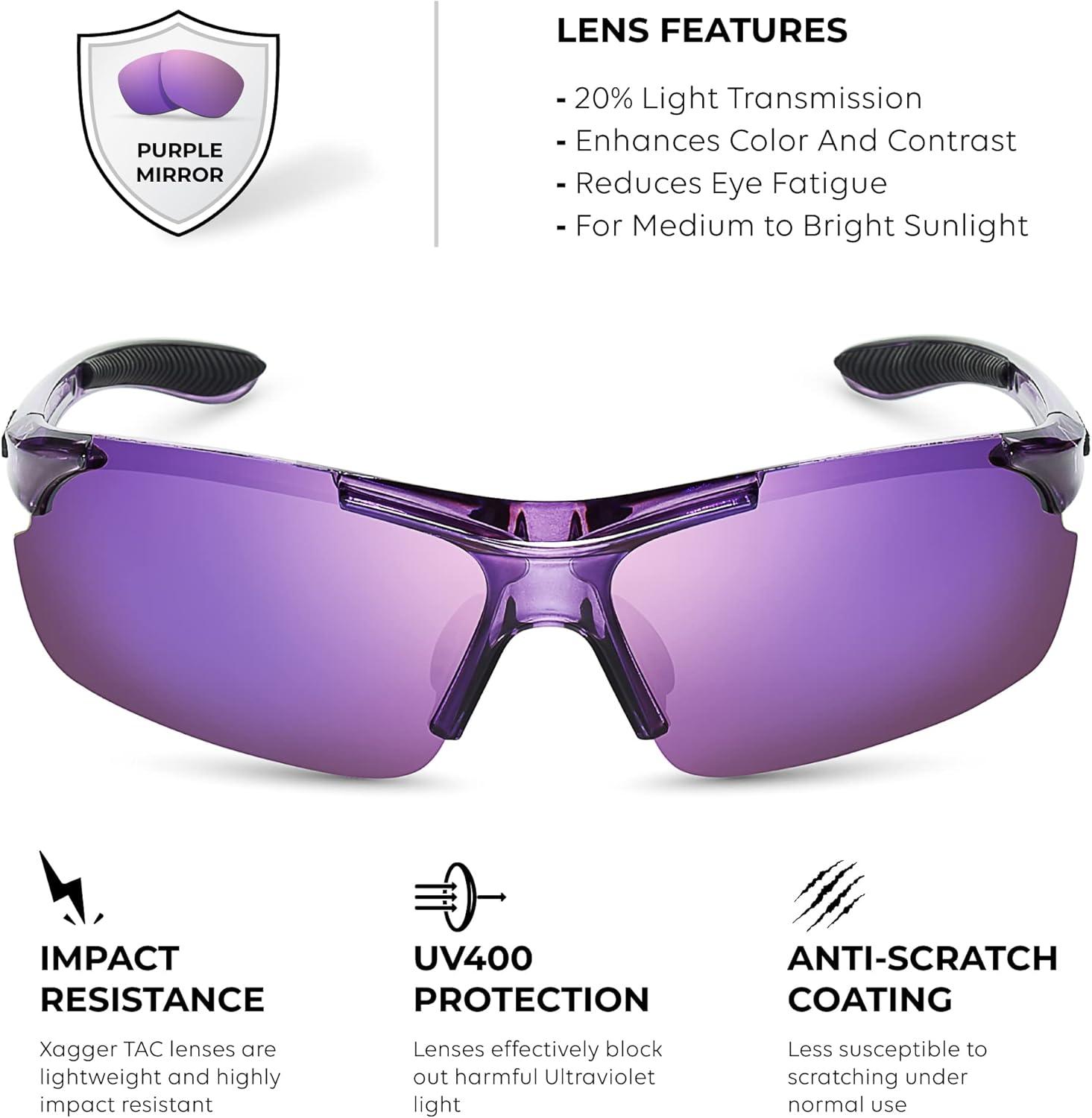 imageXagger Polarized Sports Sunglasses for Men Women Wrap Around UV400 Running Baseball Softball Cycling Driving GlassesTransparent Purple  Purple Mirror