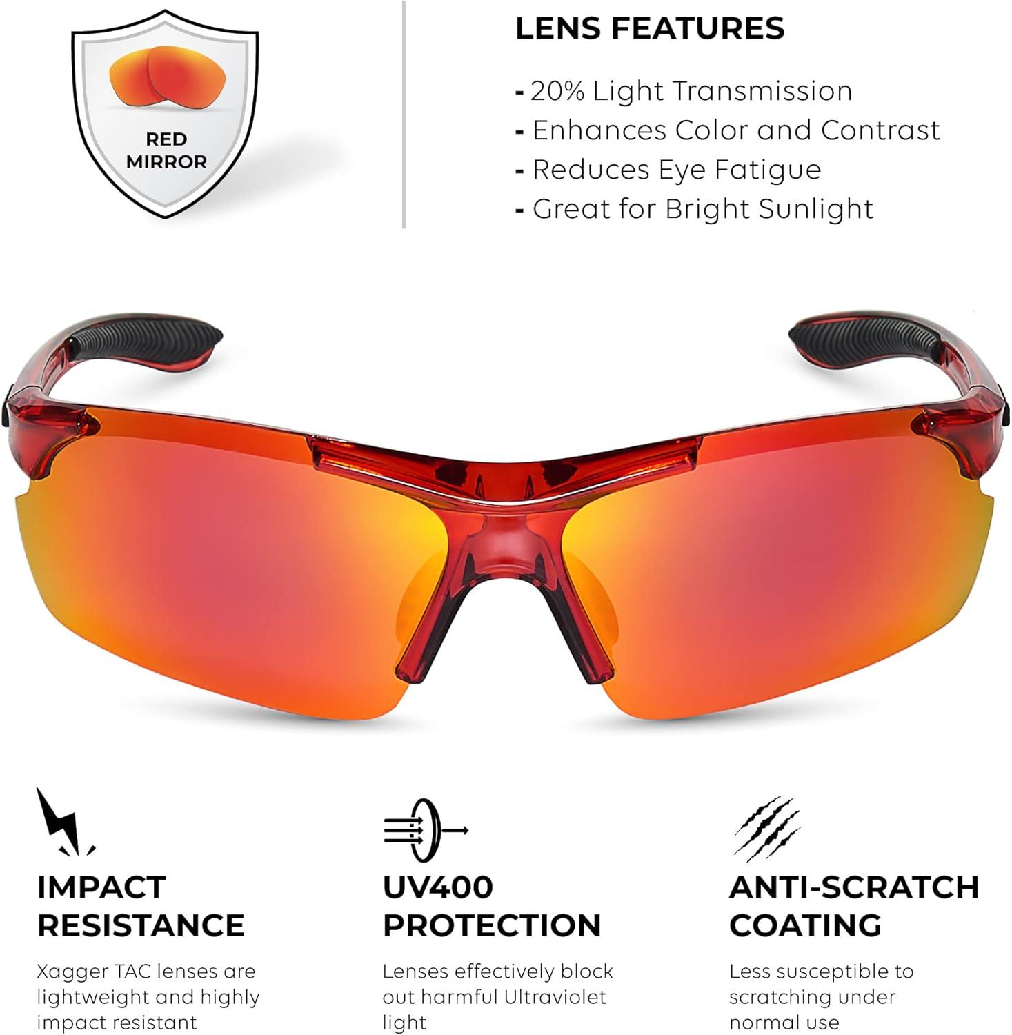 imageXagger Polarized Sports Sunglasses for Men Women Wrap Around UV400 Running Baseball Softball Cycling Driving GlassesTransparent Red  Red Mirror