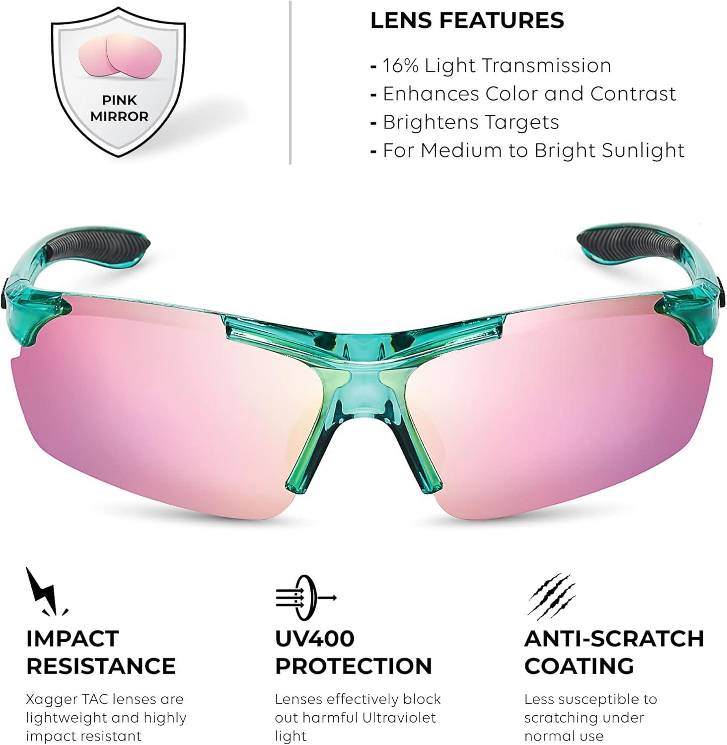 imageXagger Polarized Sports Sunglasses for Men Women Wrap Around UV400 Running Baseball Softball Cycling Driving GlassesTransparent Turquoise  Pink Mirror