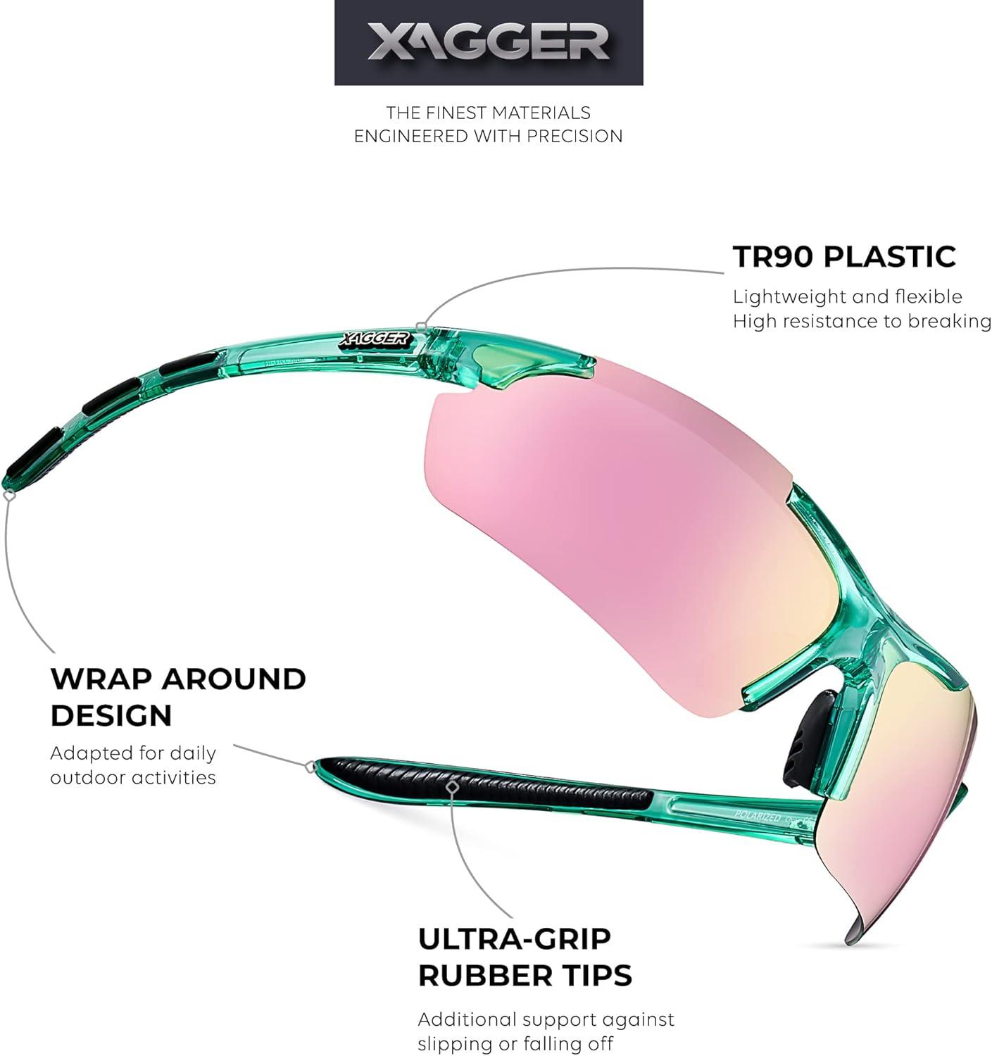 imageXagger Polarized Sports Sunglasses for Men Women Wrap Around UV400 Running Baseball Softball Cycling Driving GlassesTransparent Turquoise  Pink Mirror