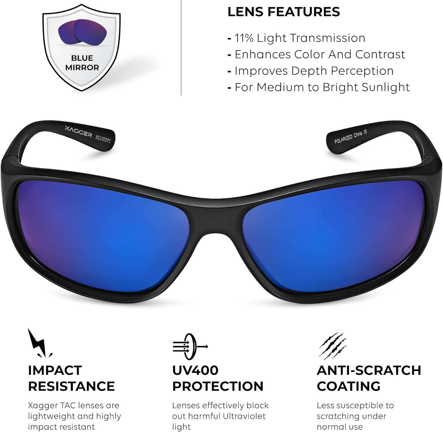 imageXagger Polarized Wrap Around Sport Sunglasses for Men Women Running Driving Fishing TR90 FrameBlack  Blue Mirror