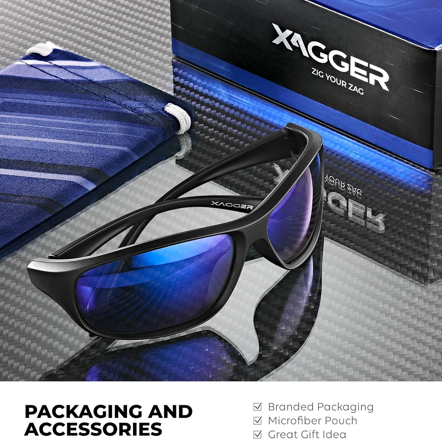imageXagger Polarized Wrap Around Sport Sunglasses for Men Women Running Driving Fishing TR90 FrameBlack  Blue Mirror