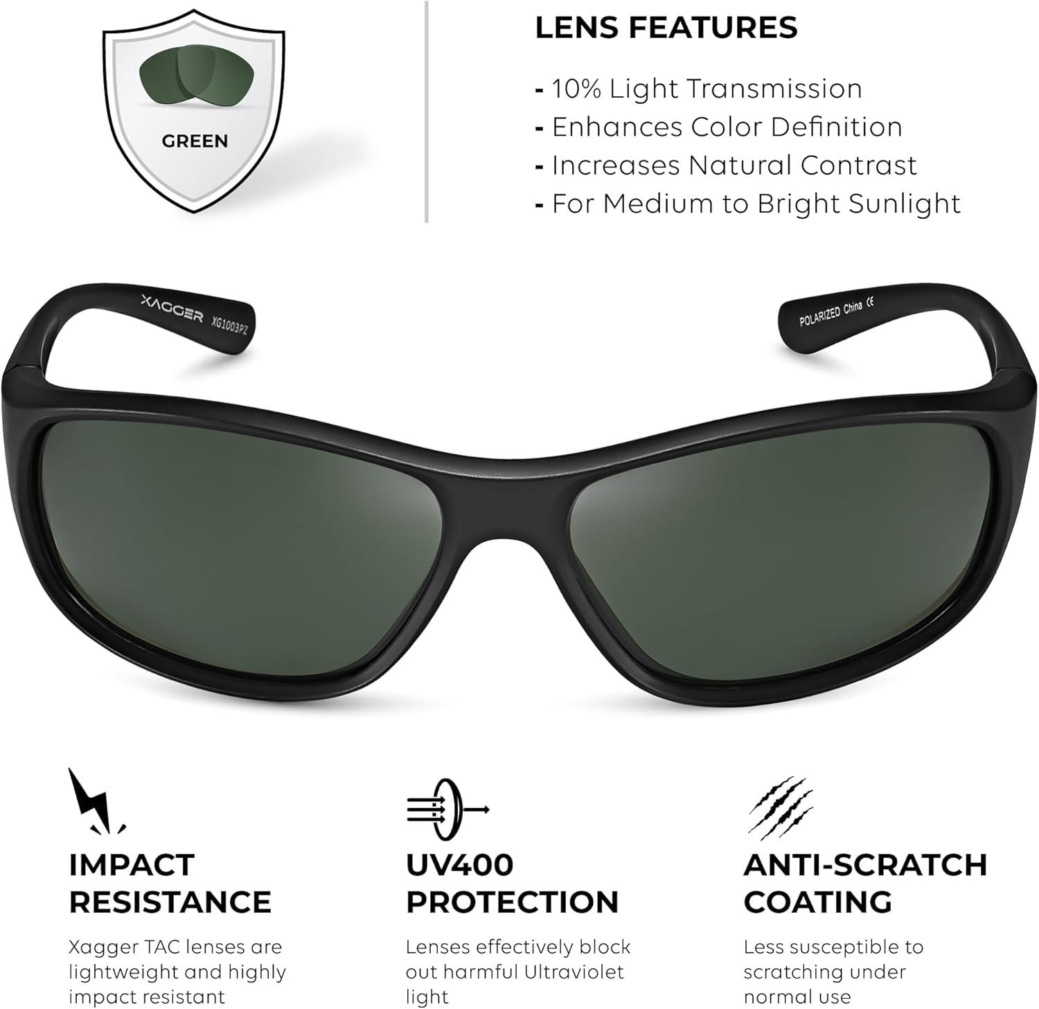 imageXagger Polarized Wrap Around Sport Sunglasses for Men Women Running Driving Fishing TR90 FrameBlack  Green