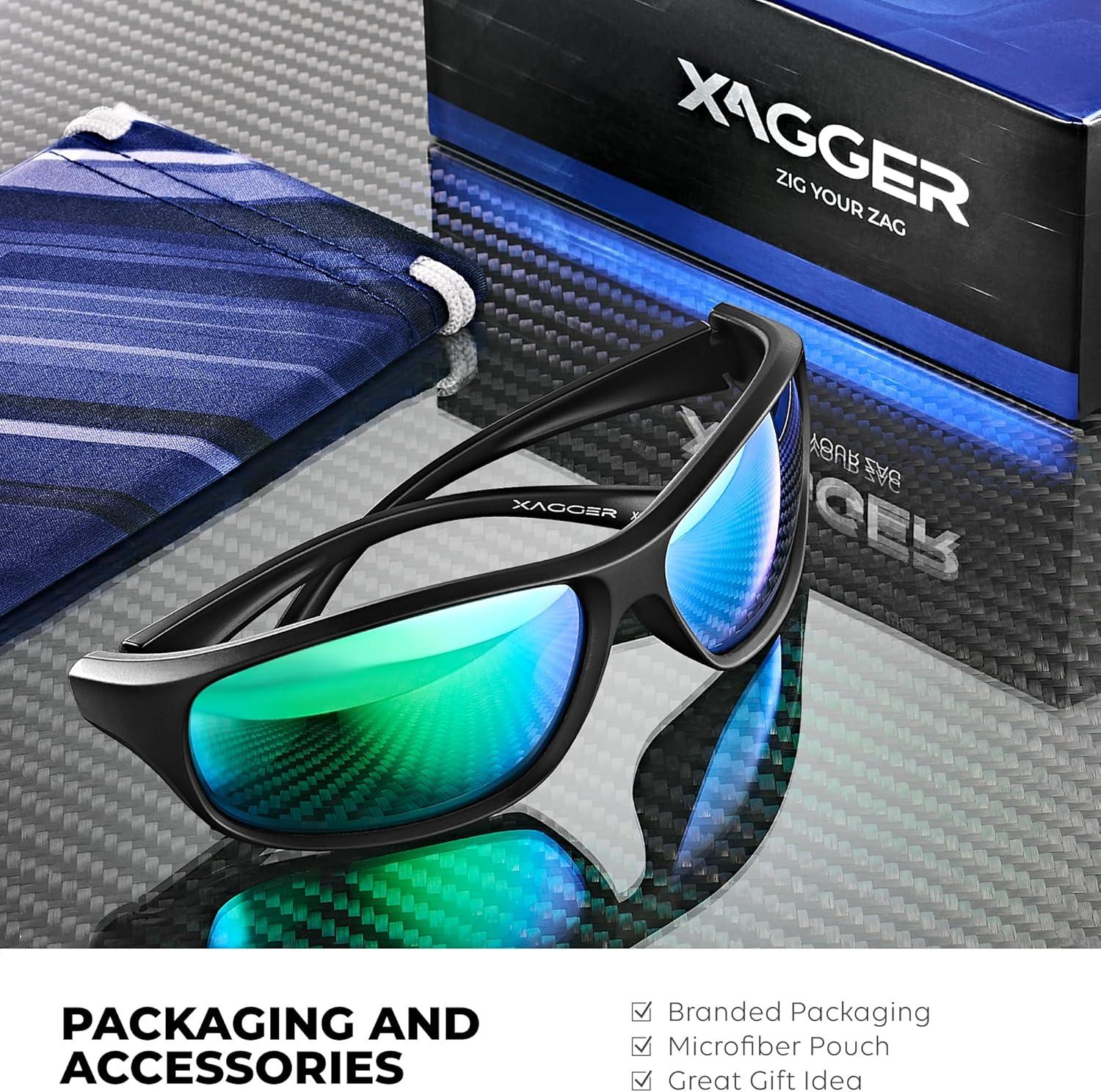 imageXagger Polarized Wrap Around Sport Sunglasses for Men Women Running Driving Fishing TR90 FrameBlack  Green Mirror