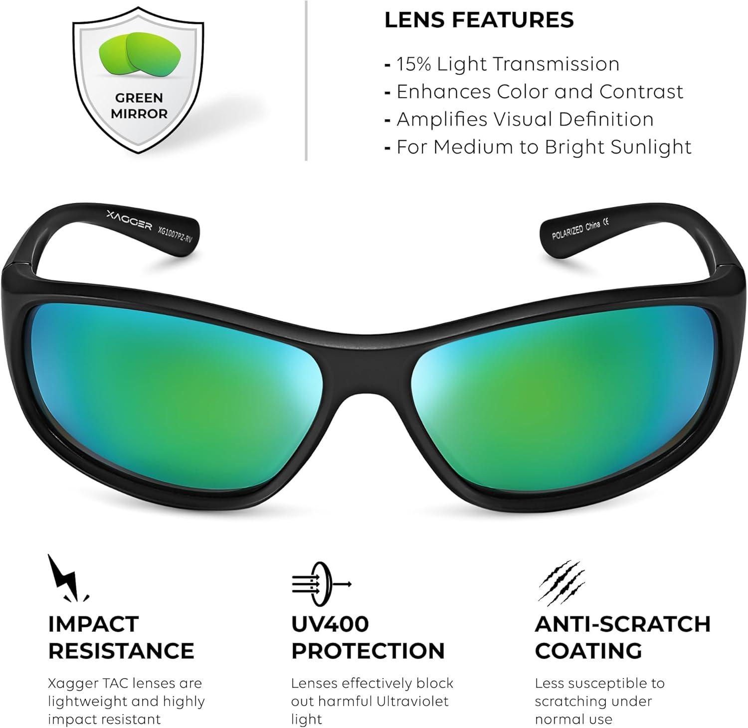 imageXagger Polarized Wrap Around Sport Sunglasses for Men Women Running Driving Fishing TR90 FrameBlack  Green Mirror