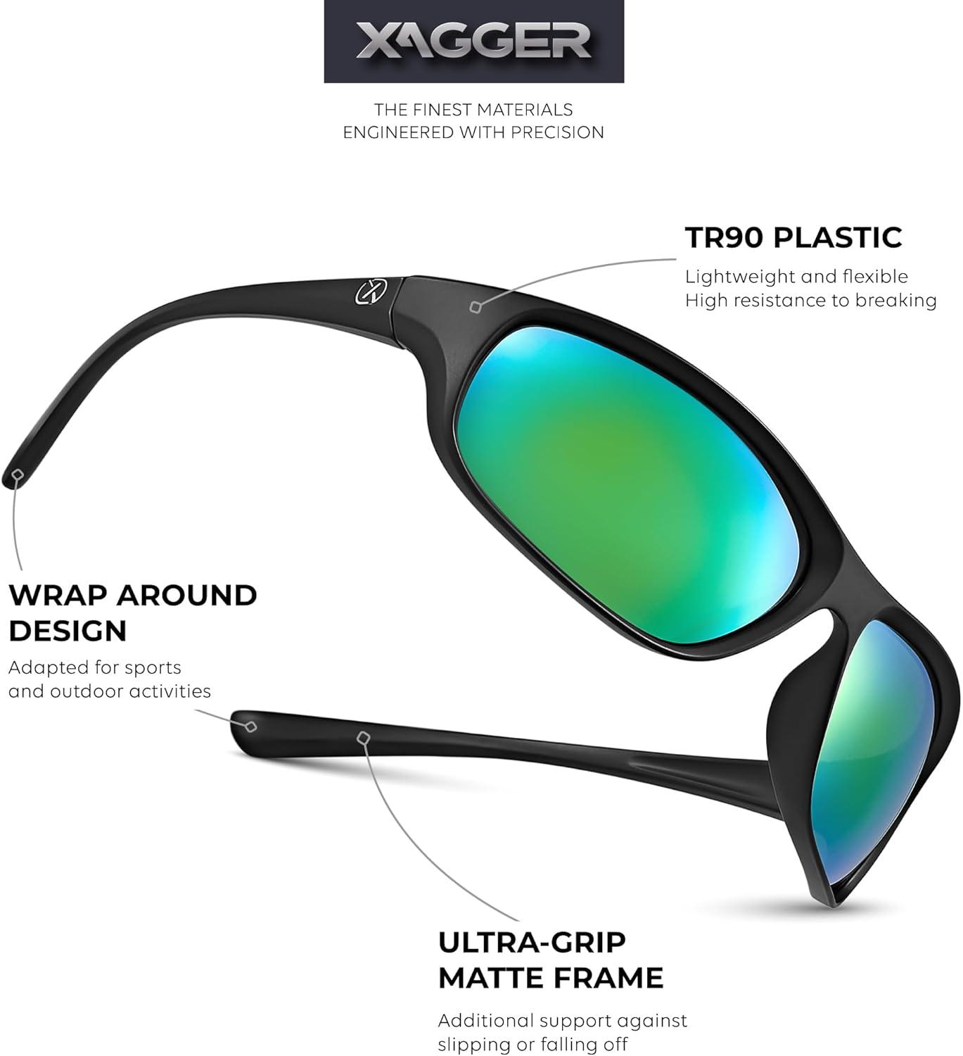 imageXagger Polarized Wrap Around Sport Sunglasses for Men Women Running Driving Fishing TR90 FrameBlack  Green Mirror