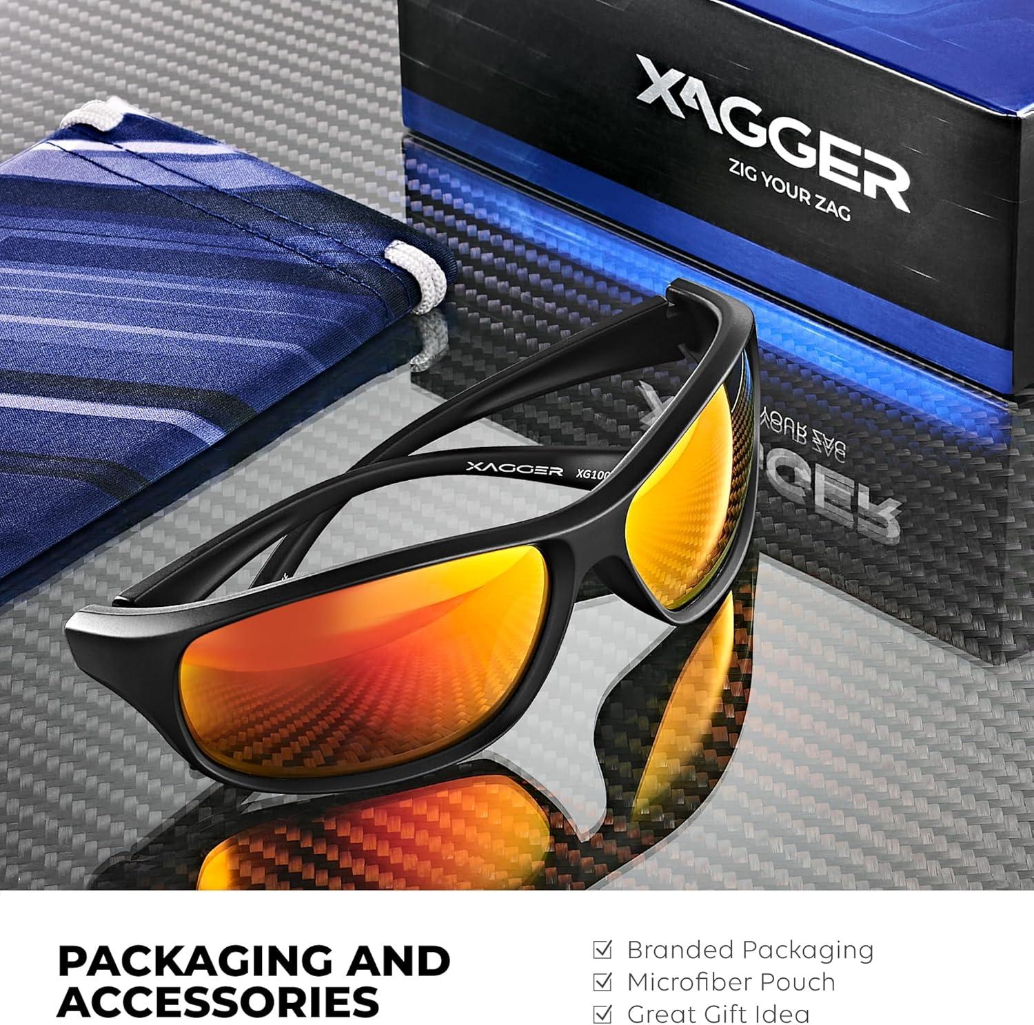 imageXagger Polarized Wrap Around Sport Sunglasses for Men Women Running Driving Fishing TR90 FrameBlack  Red Mirror