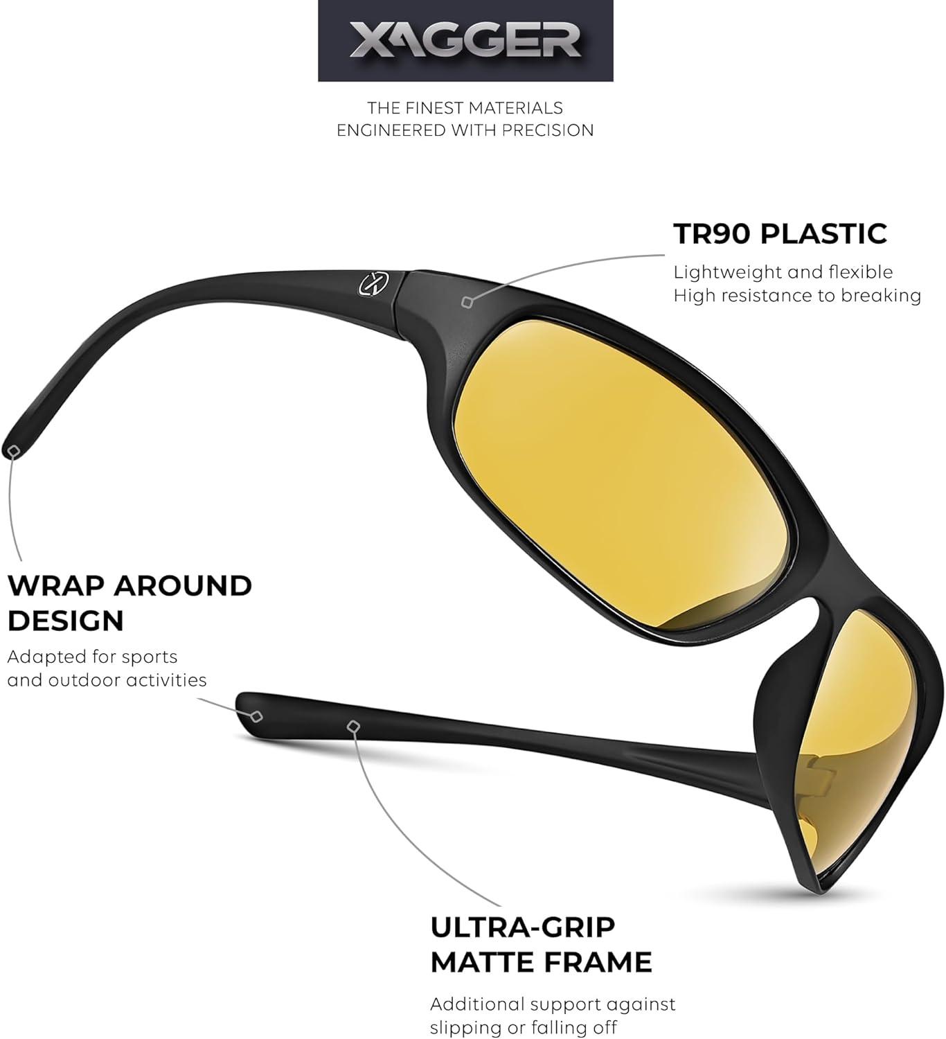 imageXagger Polarized Wrap Around Sport Sunglasses for Men Women Running Driving Fishing TR90 FrameBlack Yellow Night Driving