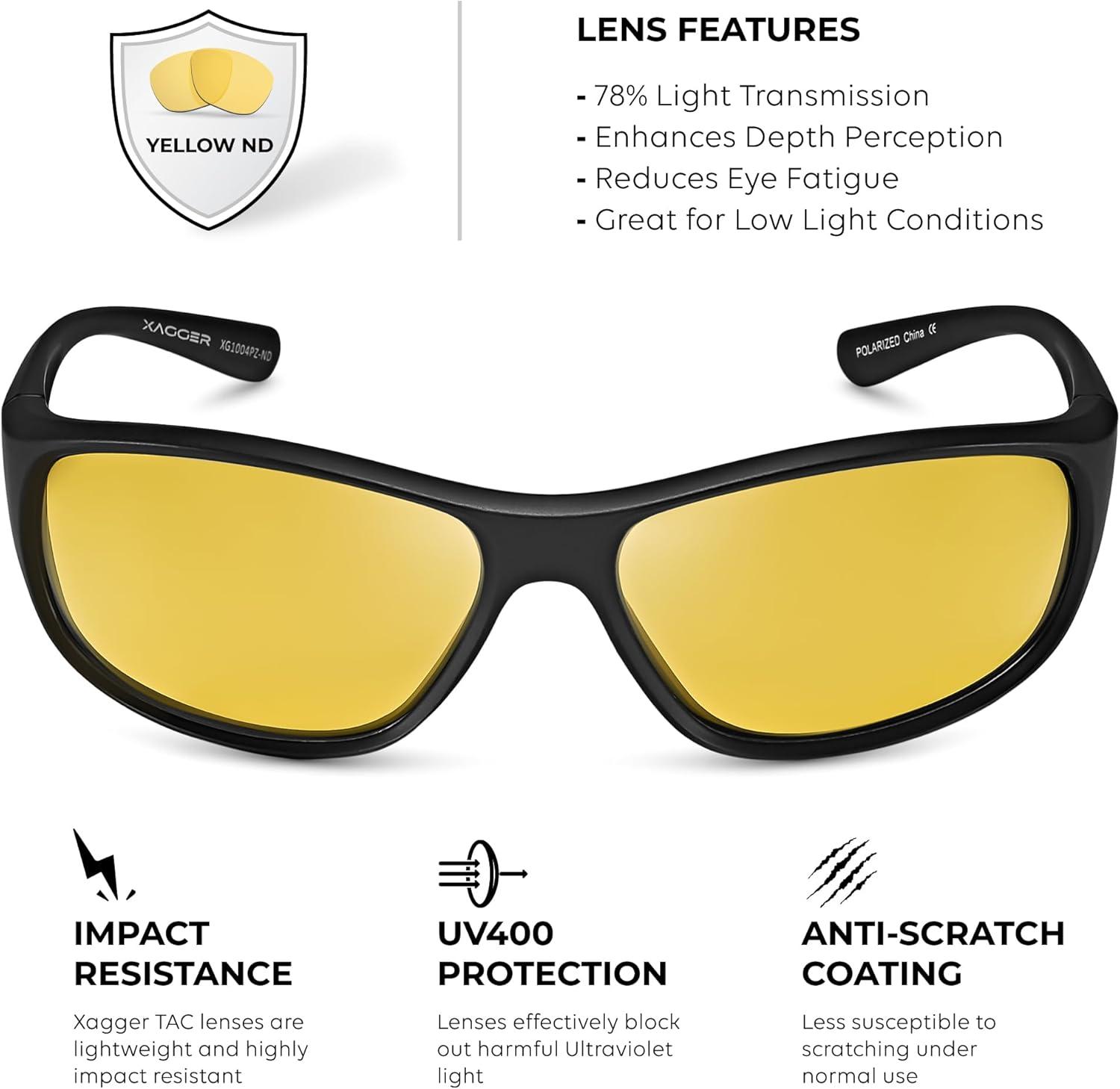 imageXagger Polarized Wrap Around Sport Sunglasses for Men Women Running Driving Fishing TR90 FrameBlack Yellow Night Driving