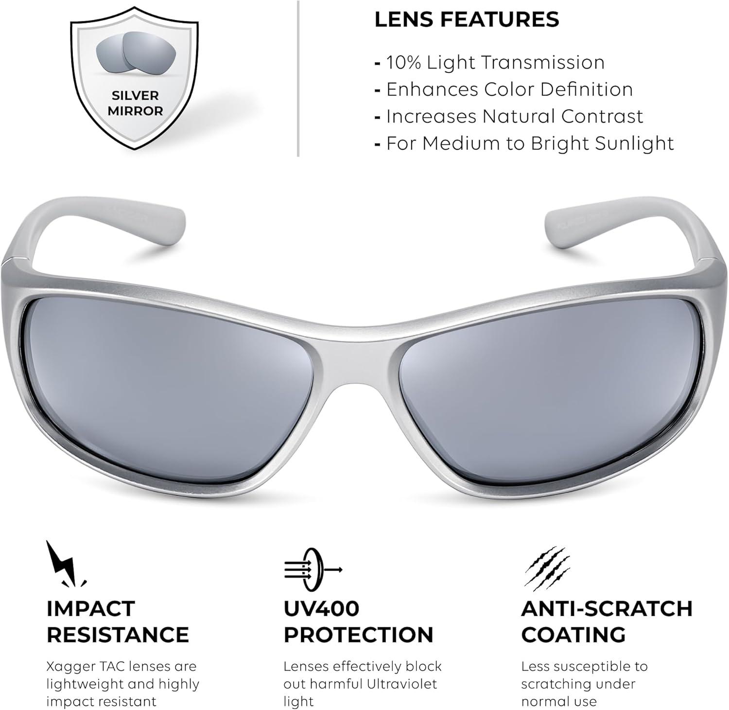imageXagger Polarized Wrap Around Sport Sunglasses for Men Women Running Driving Fishing TR90 FrameSilver  Silver Mirror