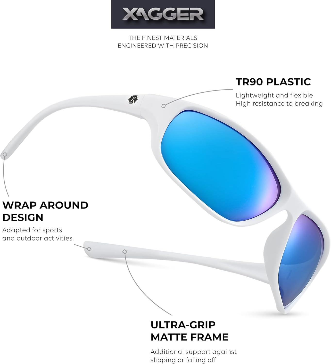 imageXagger Polarized Wrap Around Sport Sunglasses for Men Women Running Driving Fishing TR90 FrameWhite  Ice Blue Mirror