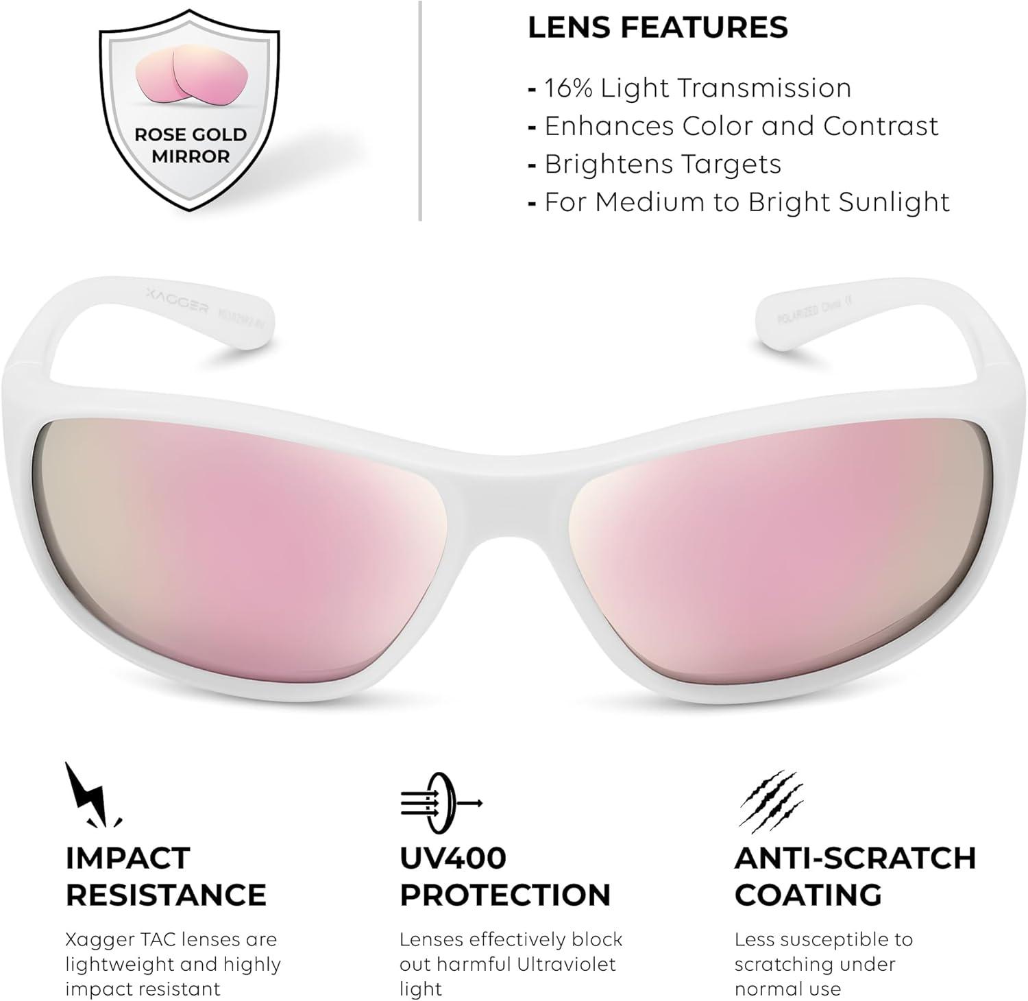 imageXagger Polarized Wrap Around Sport Sunglasses for Men Women Running Driving Fishing TR90 FrameWhite  Rose Gold Mirror