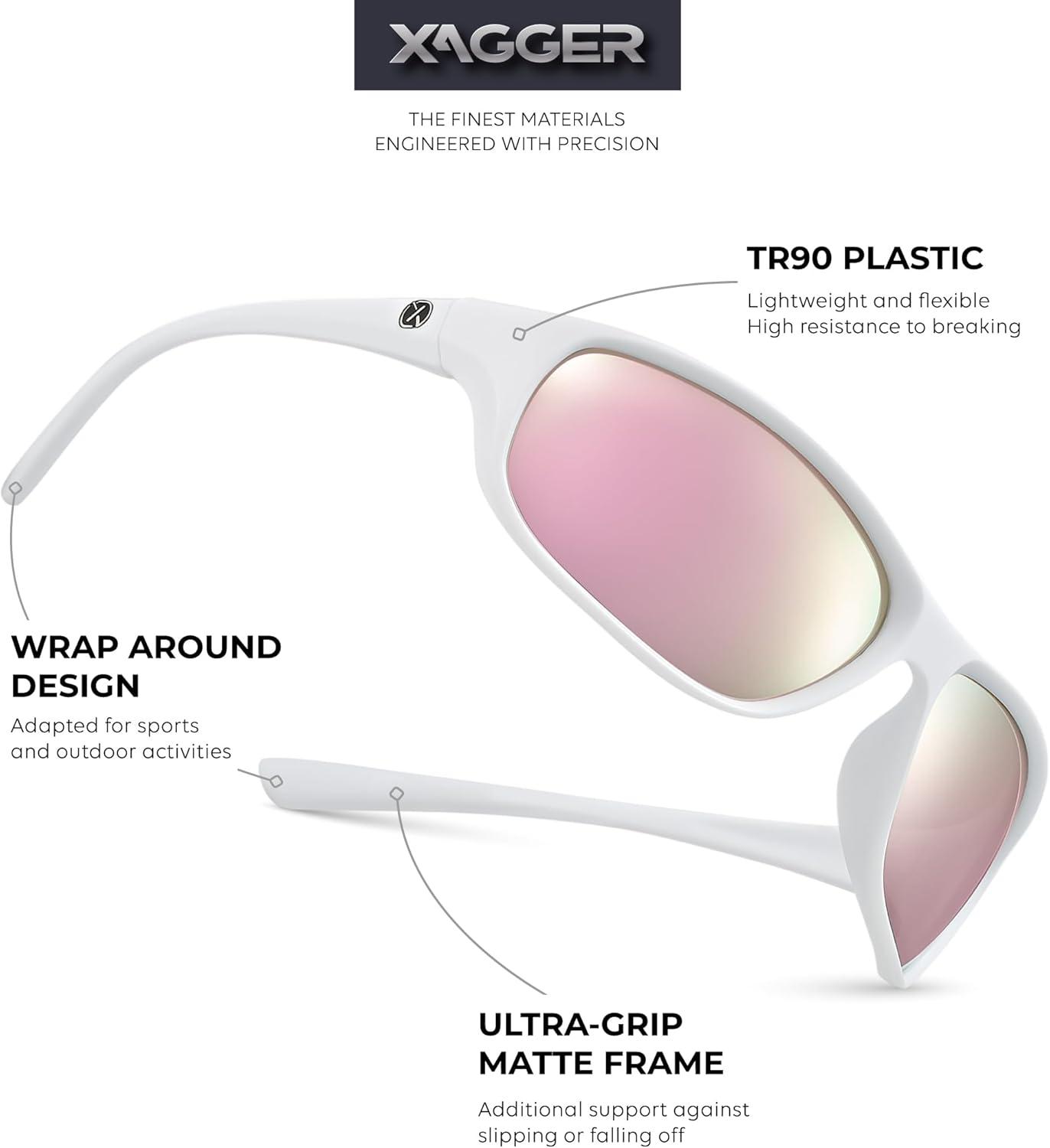 imageXagger Polarized Wrap Around Sport Sunglasses for Men Women Running Driving Fishing TR90 FrameWhite  Rose Gold Mirror
