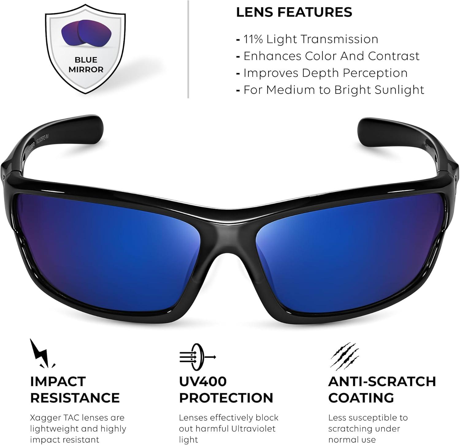 imageXagger Polarized Wrap Around Sport Sunglasses for Men Women TR90 FrameBlack  Blue Mirror