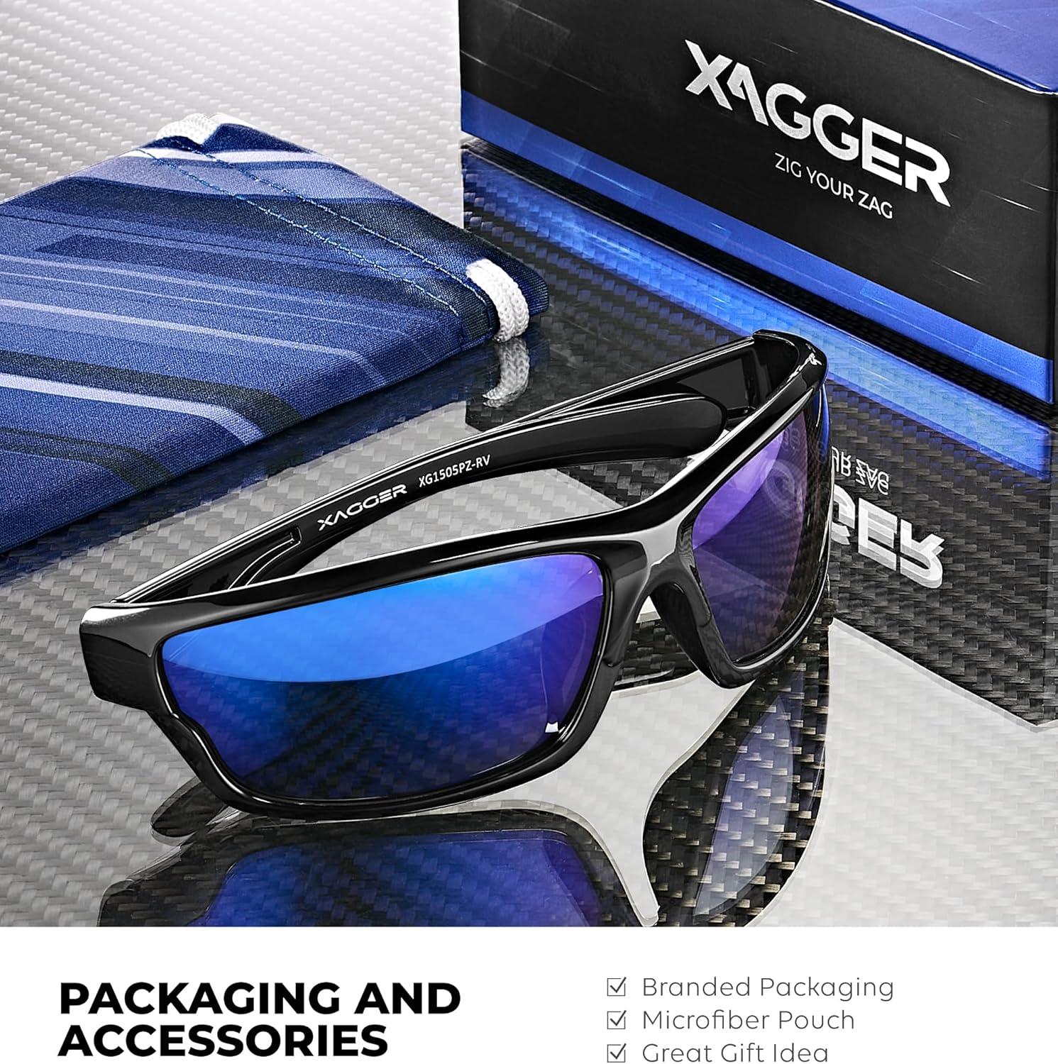 imageXagger Polarized Wrap Around Sport Sunglasses for Men Women TR90 FrameBlack  Blue Mirror