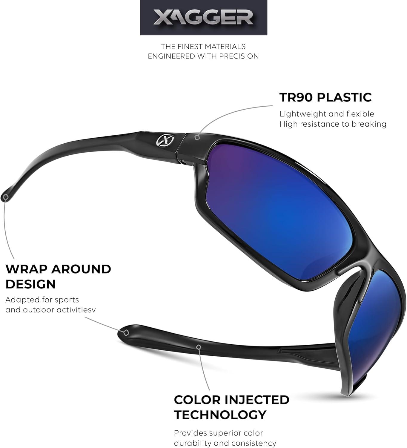 imageXagger Polarized Wrap Around Sport Sunglasses for Men Women TR90 FrameBlack  Blue Mirror