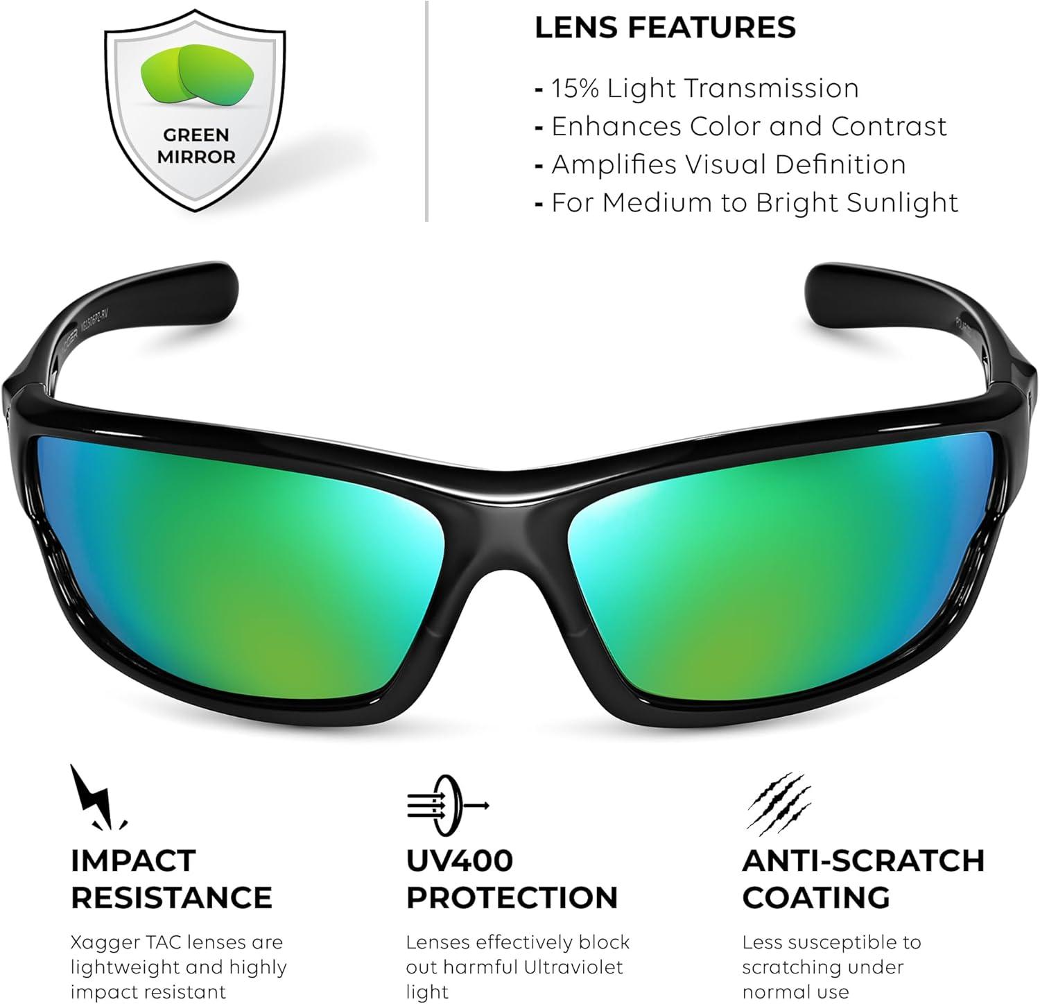 imageXagger Polarized Wrap Around Sport Sunglasses for Men Women TR90 FrameBlack  Green Mirror