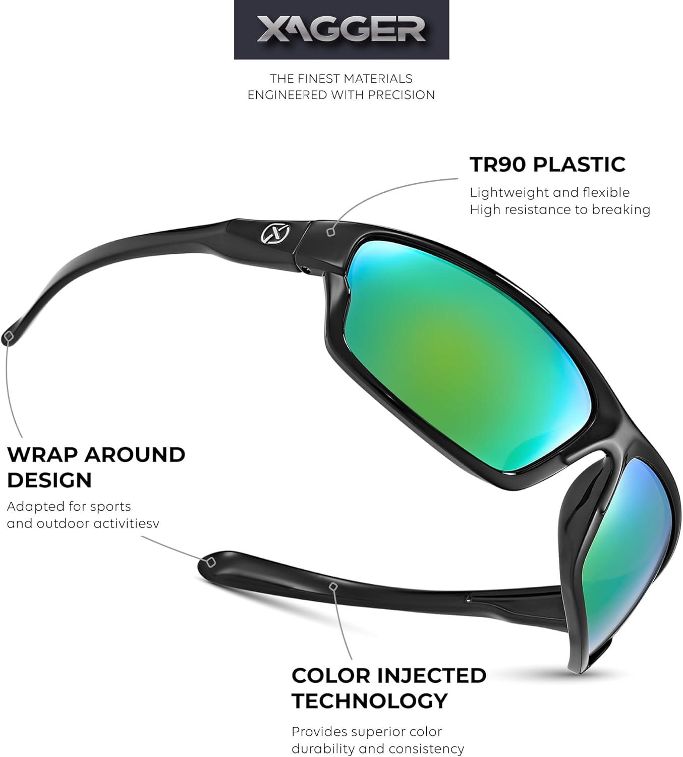 imageXagger Polarized Wrap Around Sport Sunglasses for Men Women TR90 FrameBlack  Green Mirror