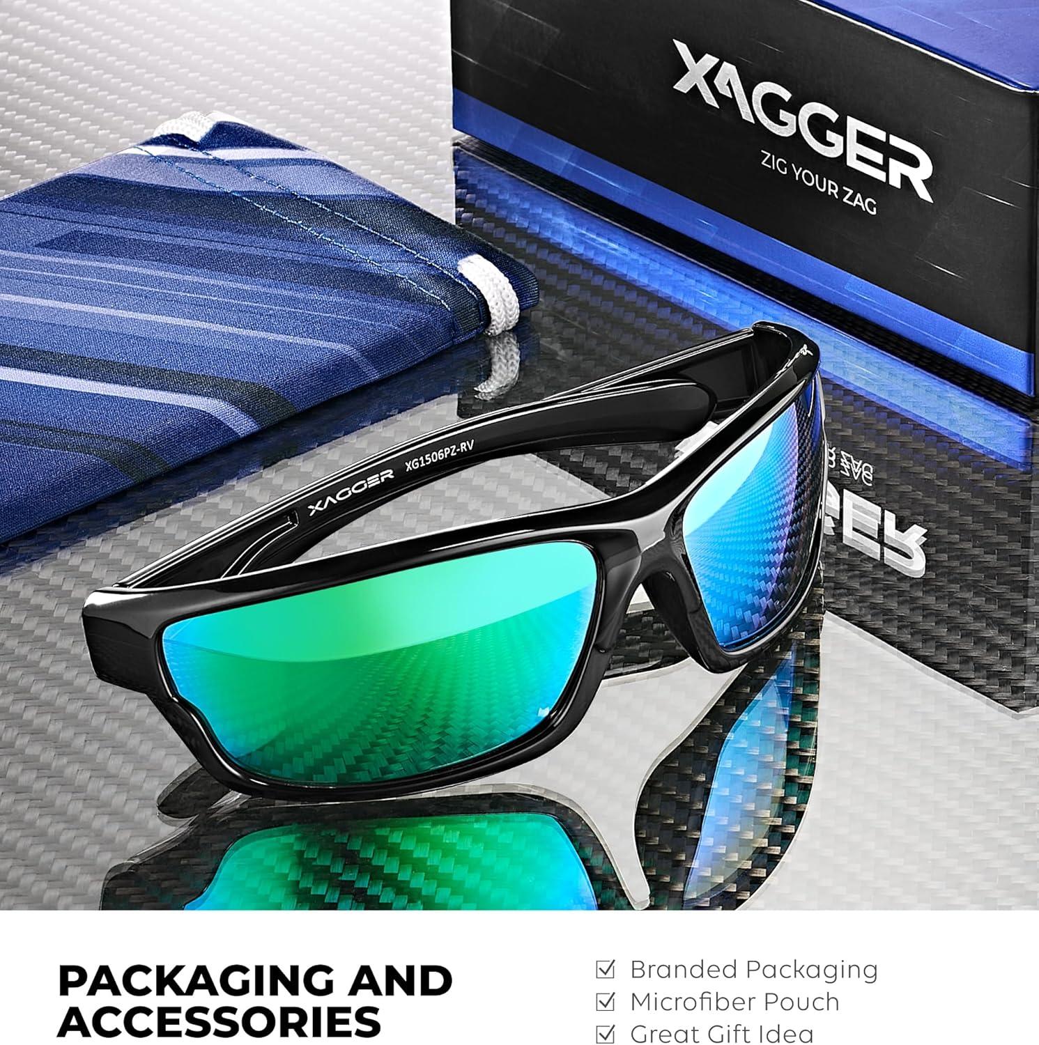 imageXagger Polarized Wrap Around Sport Sunglasses for Men Women TR90 FrameBlack  Green Mirror