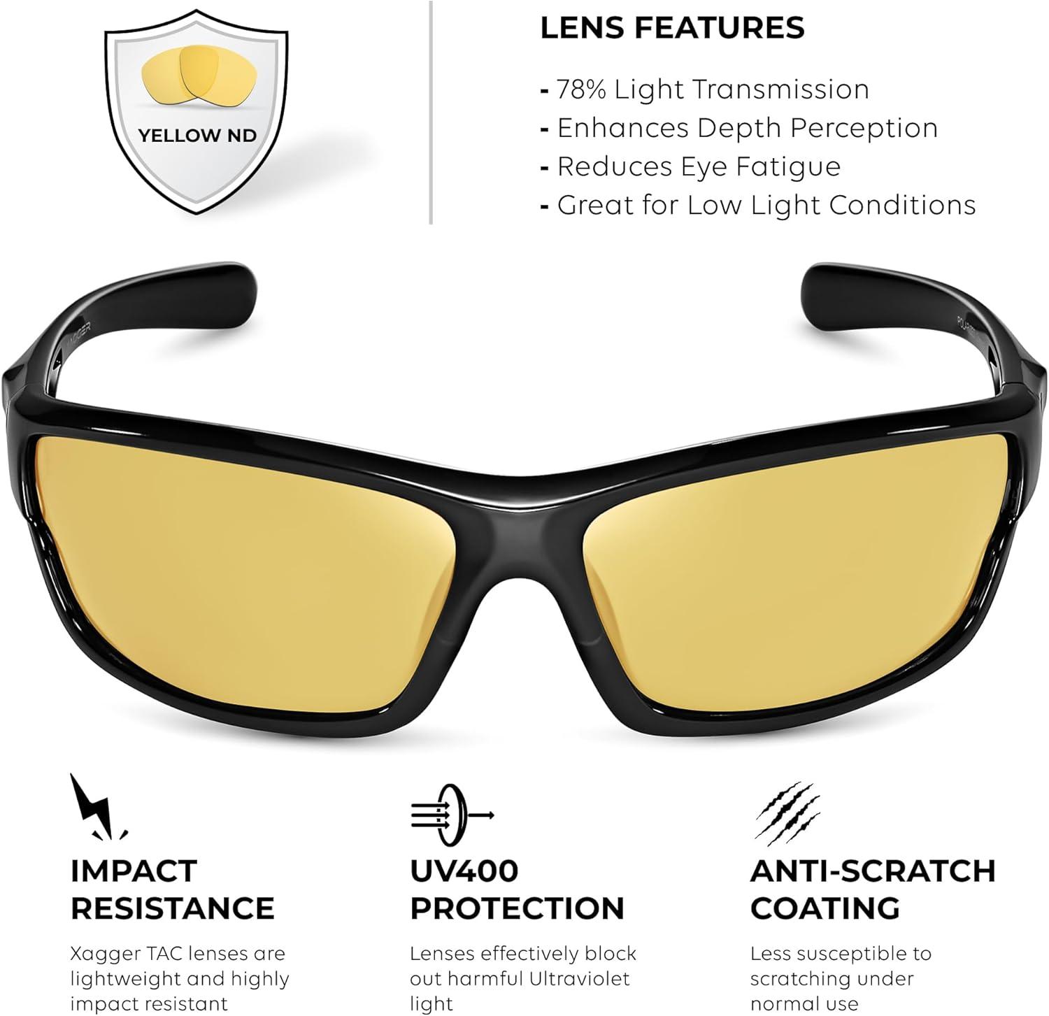 imageXagger Polarized Wrap Around Sport Sunglasses for Men Women TR90 FrameBlack  Yellow Night Driving