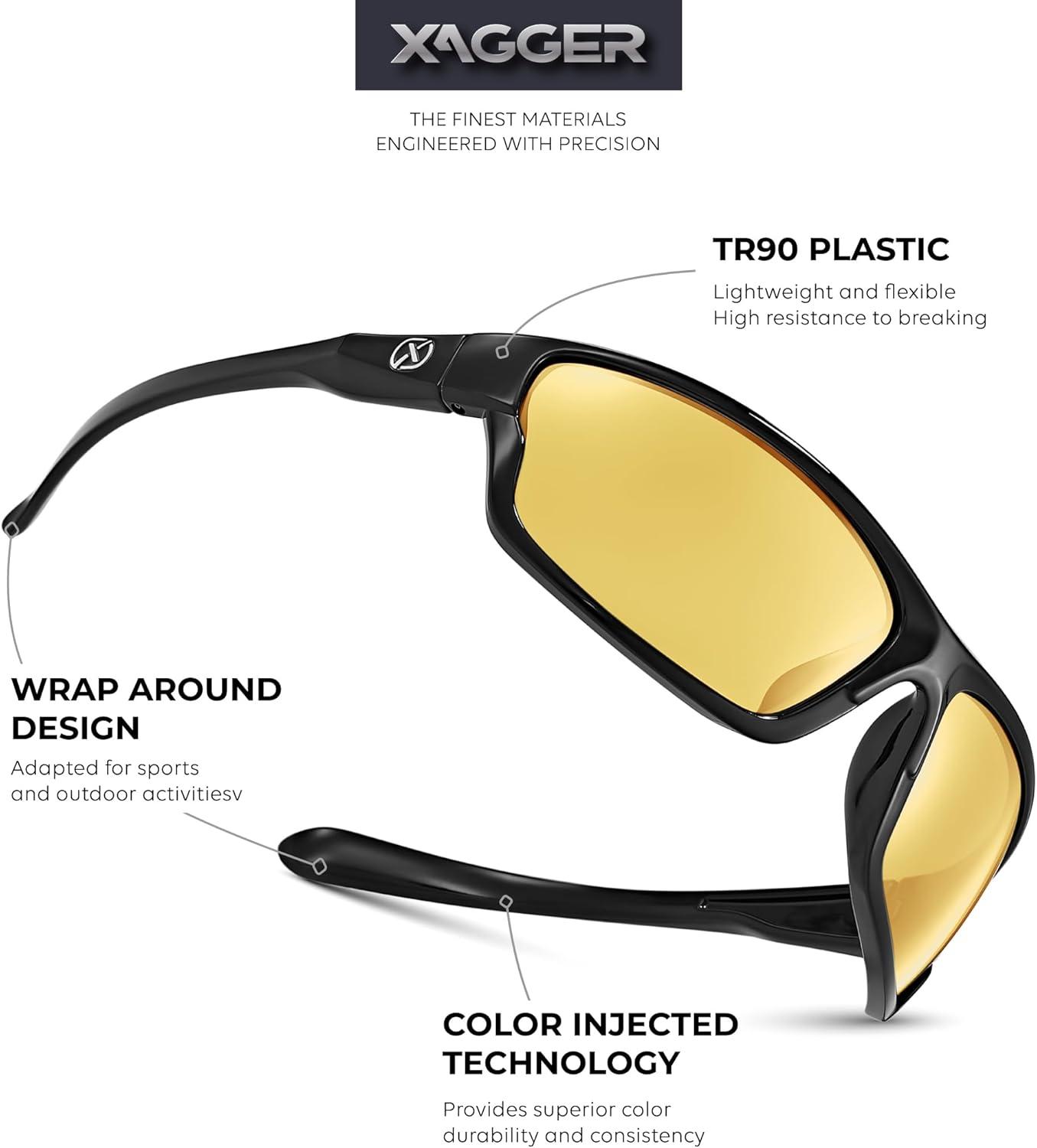 imageXagger Polarized Wrap Around Sport Sunglasses for Men Women TR90 FrameBlack  Yellow Night Driving