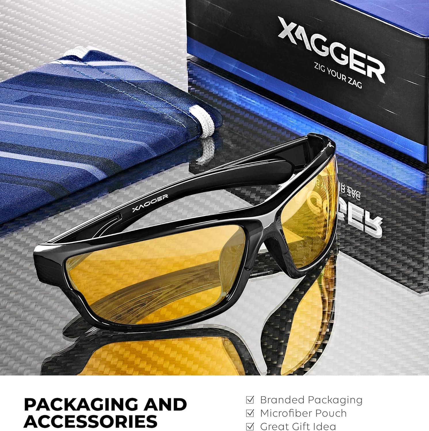 imageXagger Polarized Wrap Around Sport Sunglasses for Men Women TR90 FrameBlack  Yellow Night Driving