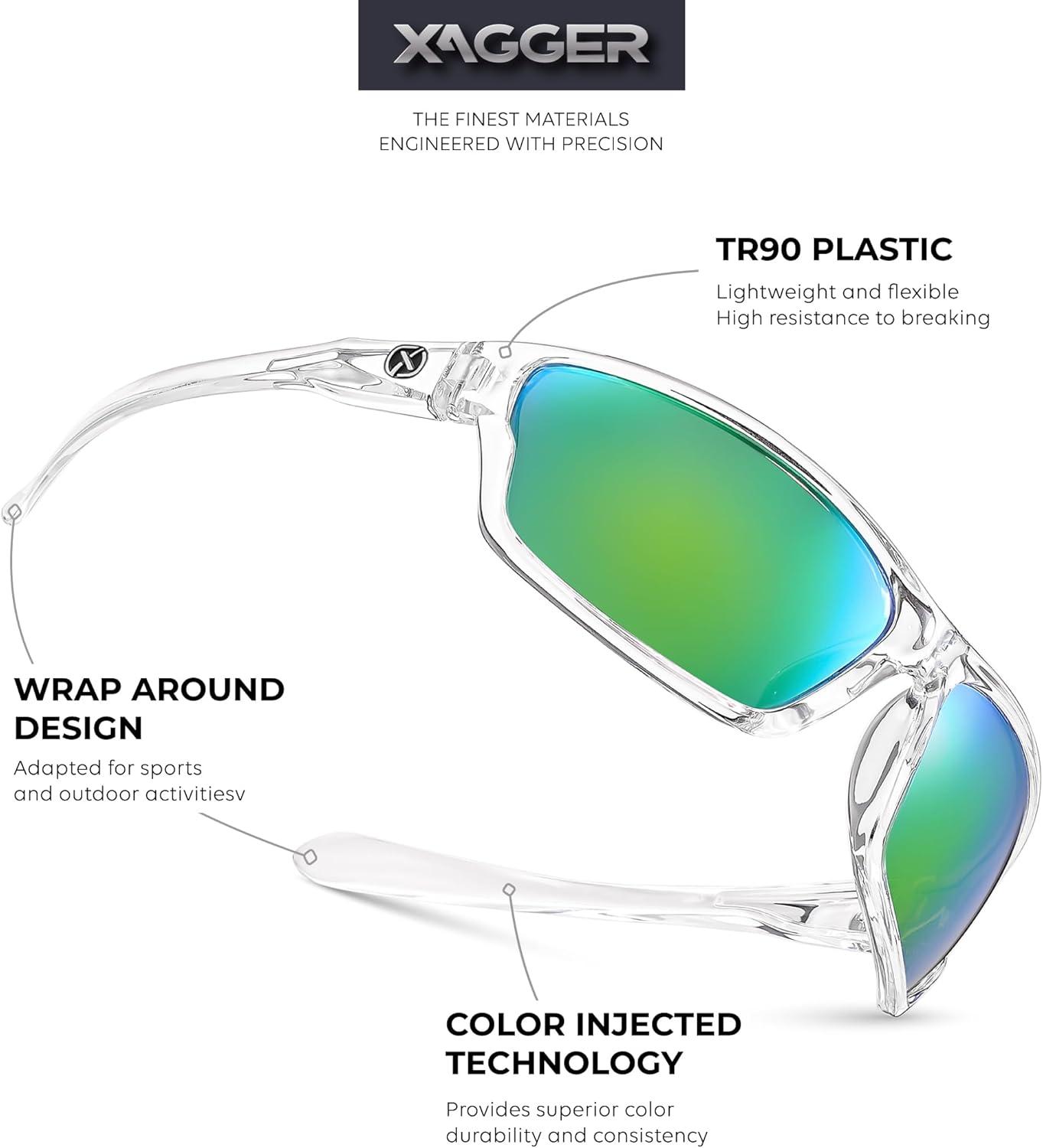 imageXagger Polarized Wrap Around Sport Sunglasses for Men Women TR90 FrameClear  Green Mirror