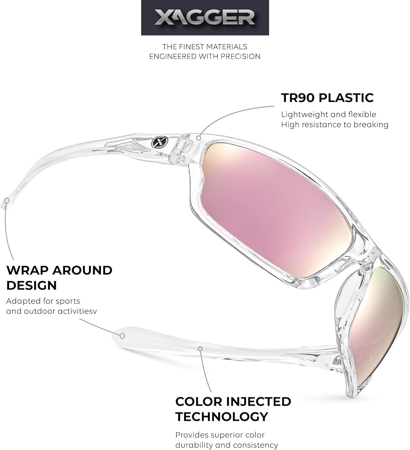 imageXagger Polarized Wrap Around Sport Sunglasses for Men Women TR90 FrameClear  Pink Mirror